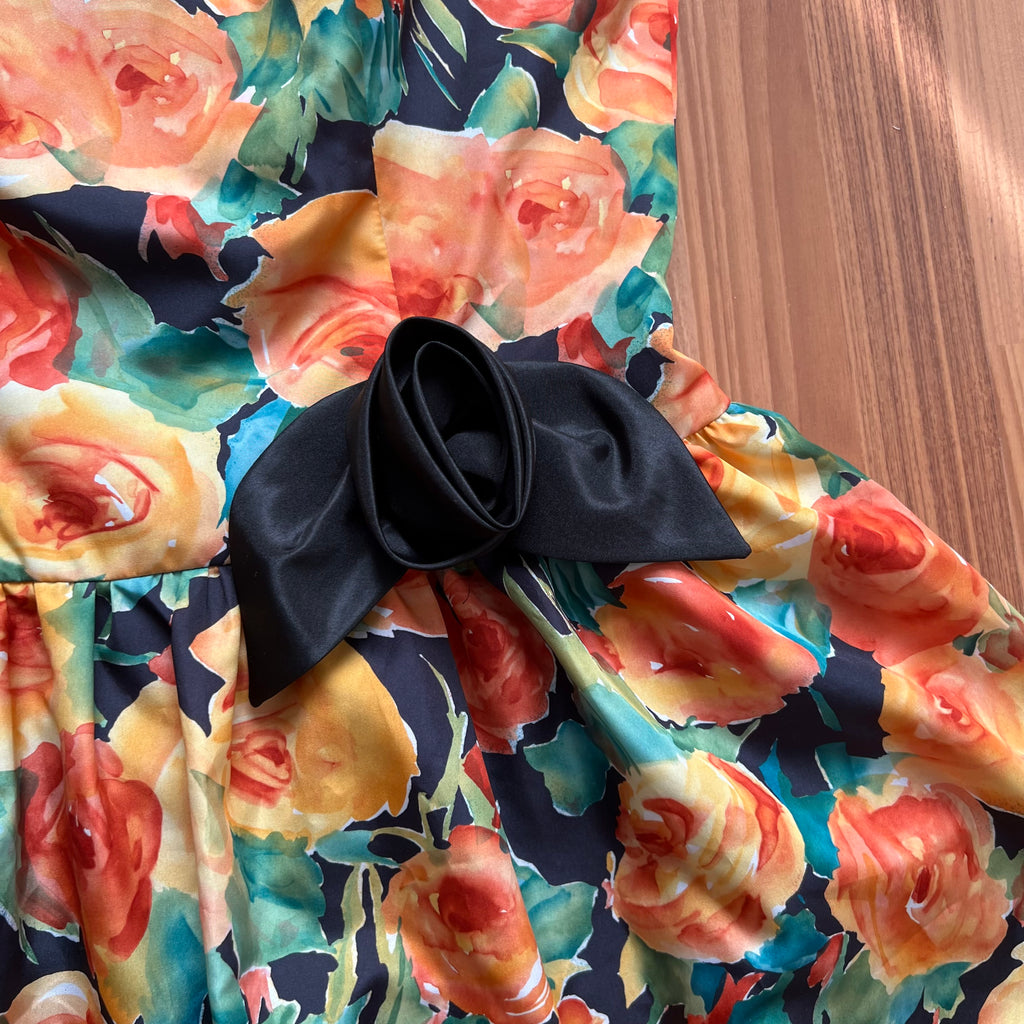1980s Vintage Floral Party Dress-80s Does 50s Fit and Flare Dress-Retro Cocktail Prom Dress-