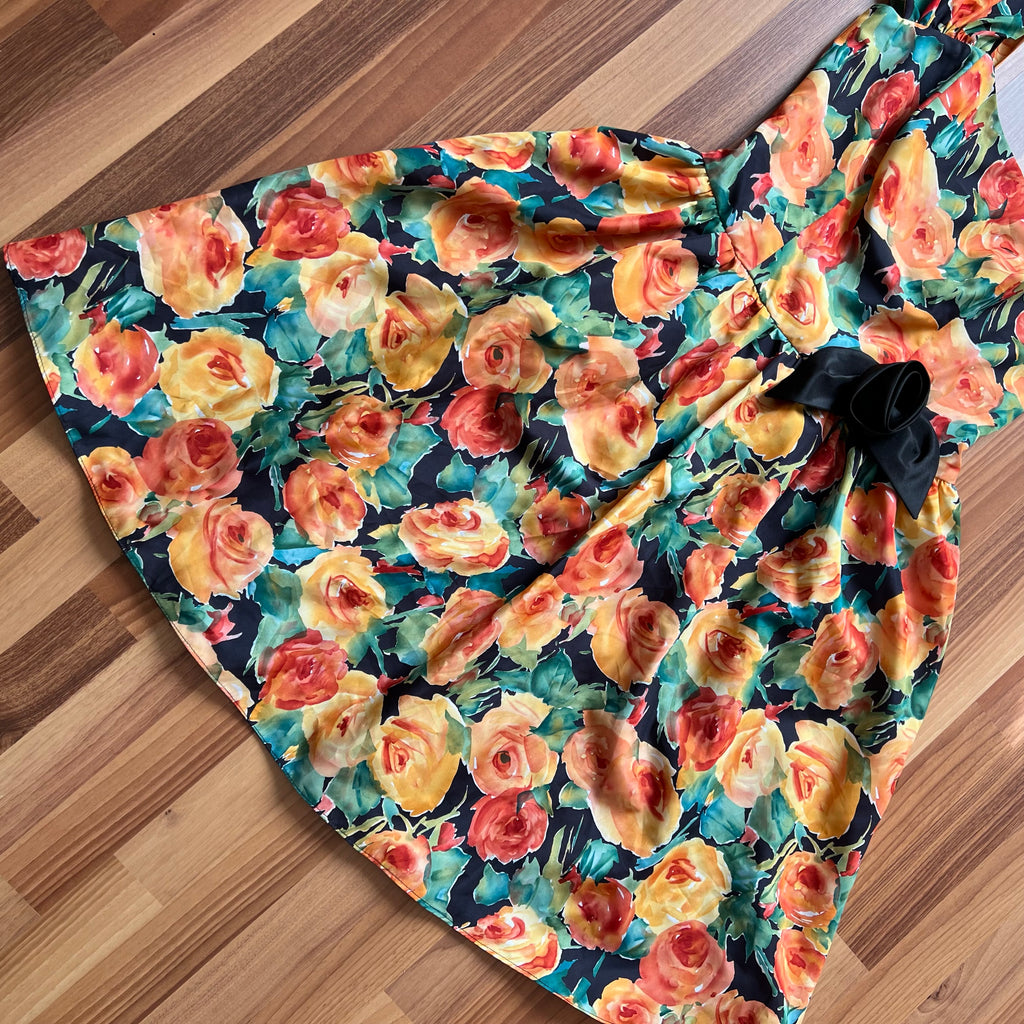 1980s Vintage Floral Party Dress-80s Does 50s Fit and Flare Dress-Retro Cocktail Prom Dress-