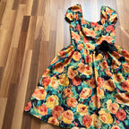 1980s Vintage Floral Party Dress-80s Does 50s Fit and Flare Dress-Retro Cocktail Prom Dress-