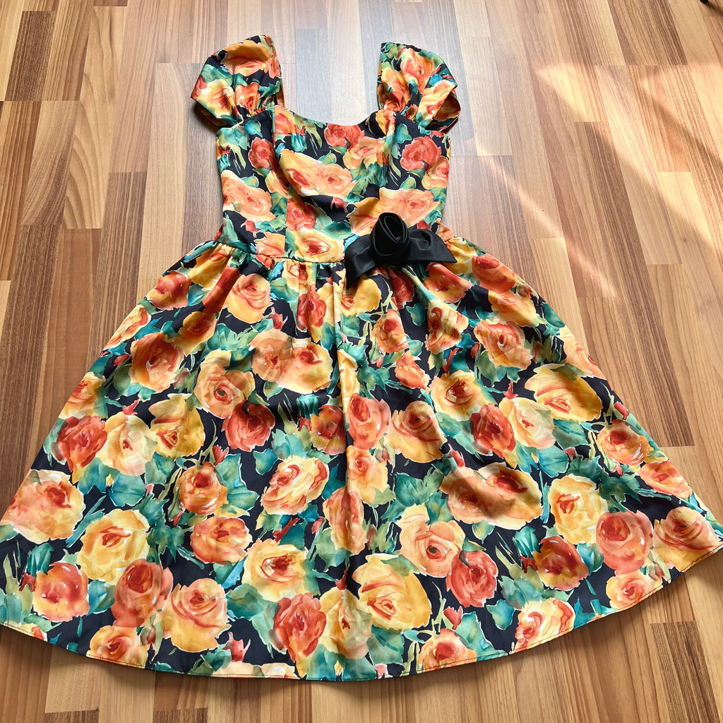 1980s Vintage Floral Party Dress-80s Does 50s Fit and Flare Dress-Retro Cocktail Prom Dress-