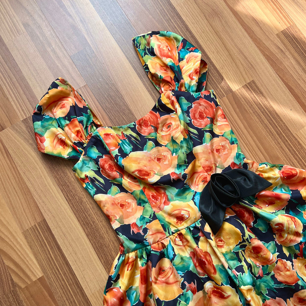 1980s Vintage Floral Party Dress-80s Does 50s Fit and Flare Dress-Retro Cocktail Prom Dress-