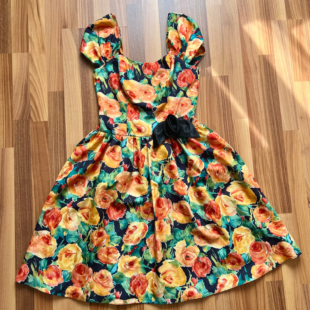 1980s Vintage Floral Party Dress-80s Does 50s Fit and Flare Dress-Retro Cocktail Prom Dress-