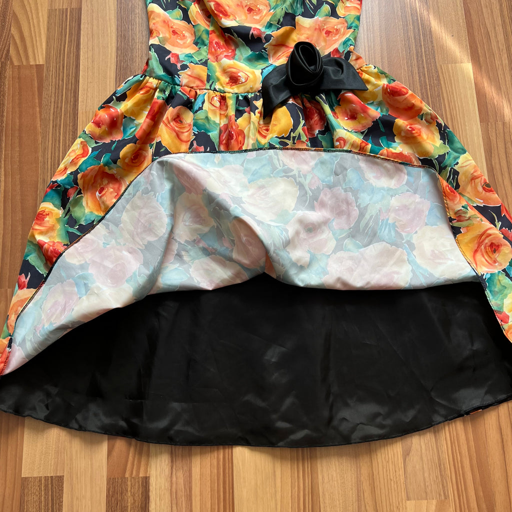 1980s Vintage Floral Party Dress-80s Does 50s Fit and Flare Dress-Retro Cocktail Prom Dress-