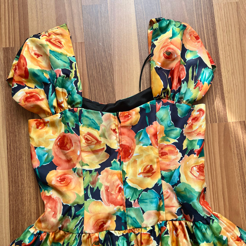 1980s Vintage Floral Party Dress-80s Does 50s Fit and Flare Dress-Retro Cocktail Prom Dress-
