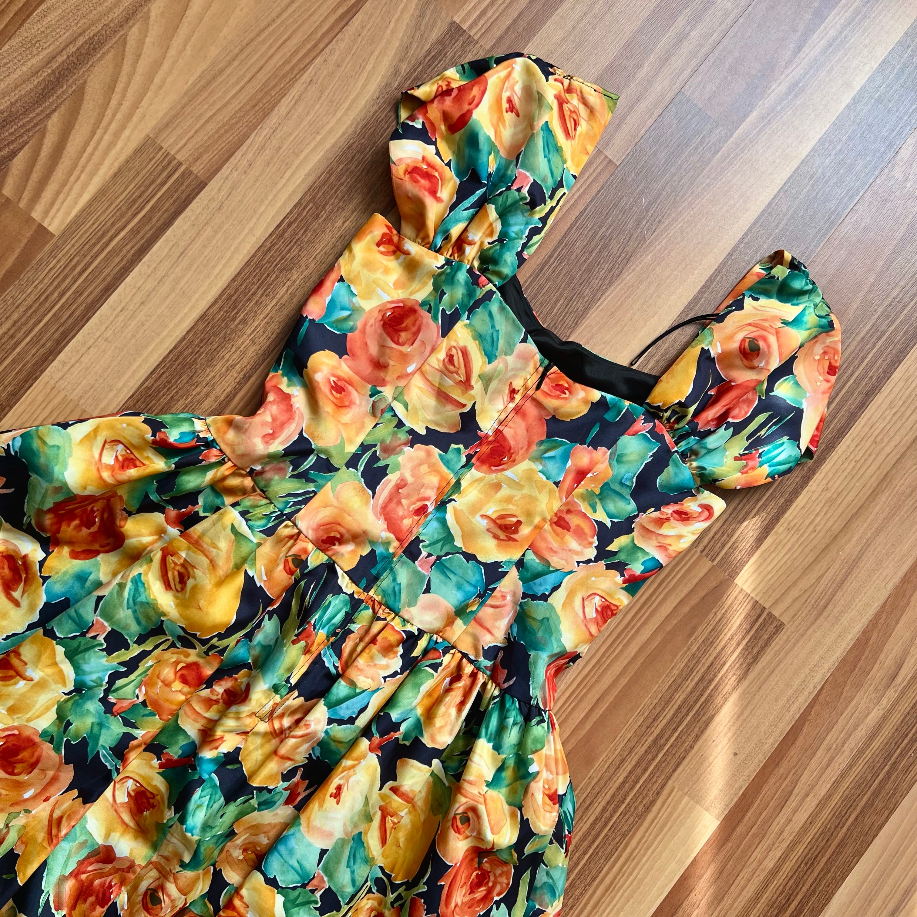1980s Vintage Floral Party Dress-80s Does 50s Fit and Flare Dress-Retro Cocktail Prom Dress-