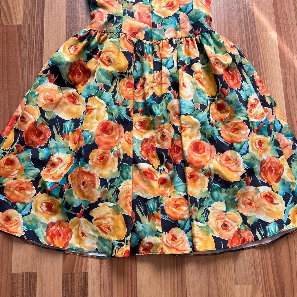1980s Vintage Floral Party Dress-80s Does 50s Fit and Flare Dress-Retro Cocktail Prom Dress-