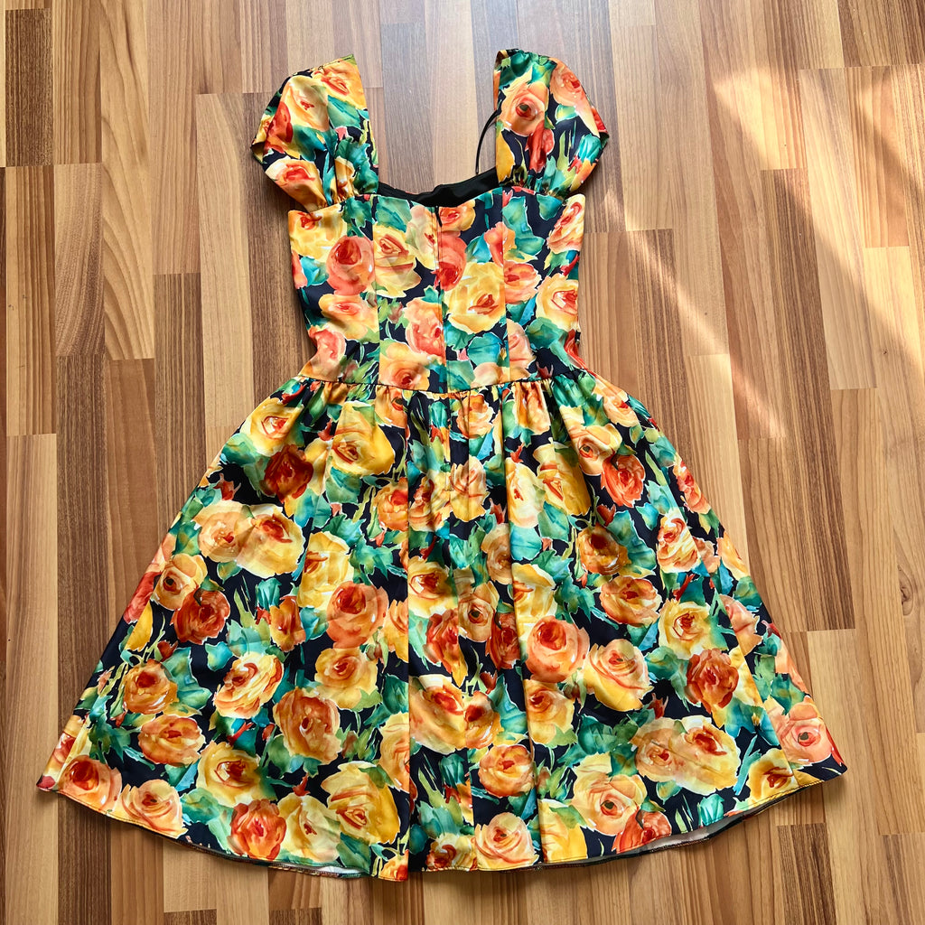 1980s Vintage Floral Party Dress-80s Does 50s Fit and Flare Dress-Retro Cocktail Prom Dress-