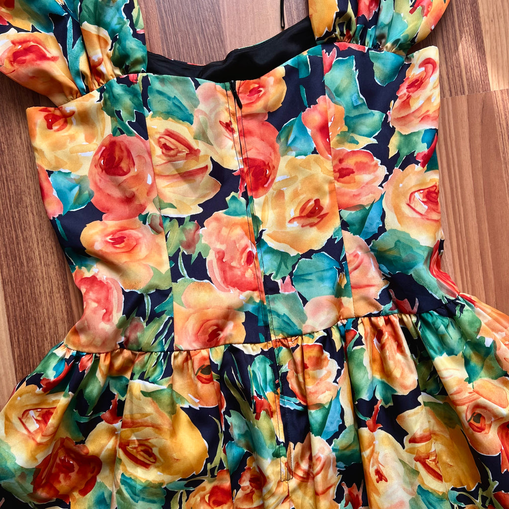 1980s Vintage Floral Party Dress-80s Does 50s Fit and Flare Dress-Retro Cocktail Prom Dress-