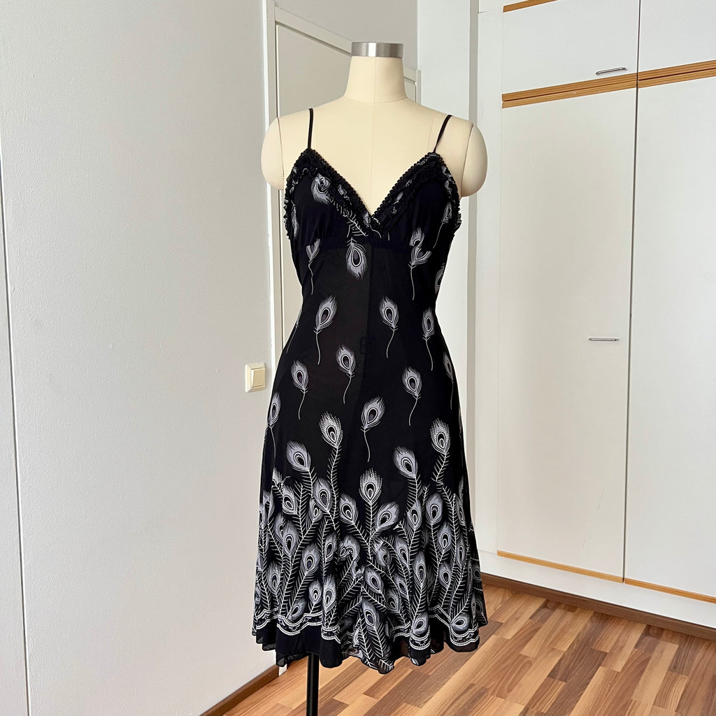 Y2K Black Print Fairycore Slip Dress-Spaghetti Straps Ruffle Hem Whimsygoth Grunge Dress
