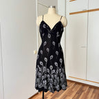 Y2K Black Print Fairycore Slip Dress-Spaghetti Straps Ruffle Hem Whimsygoth Grunge Dress
