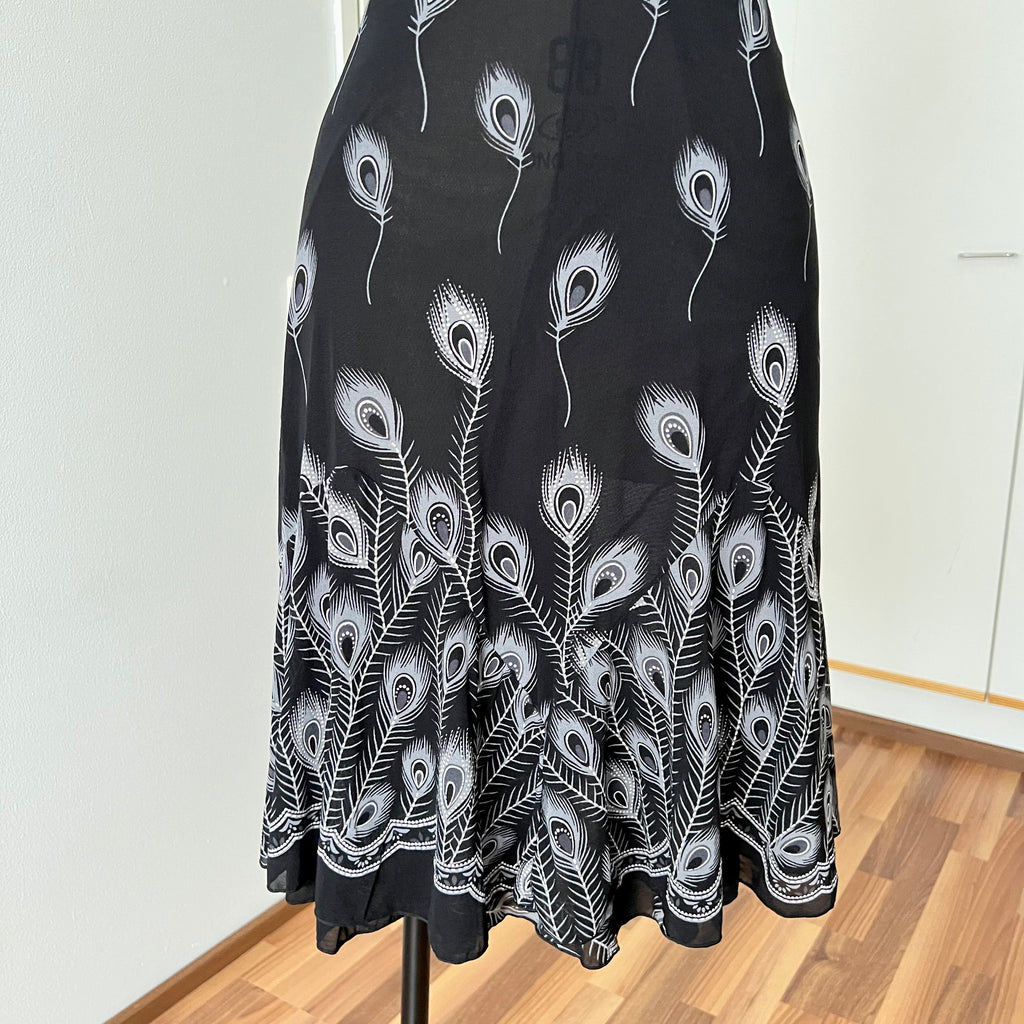 Y2K Black Print Fairycore Slip Dress-Spaghetti Straps Ruffle Hem Whimsygoth Grunge Dress