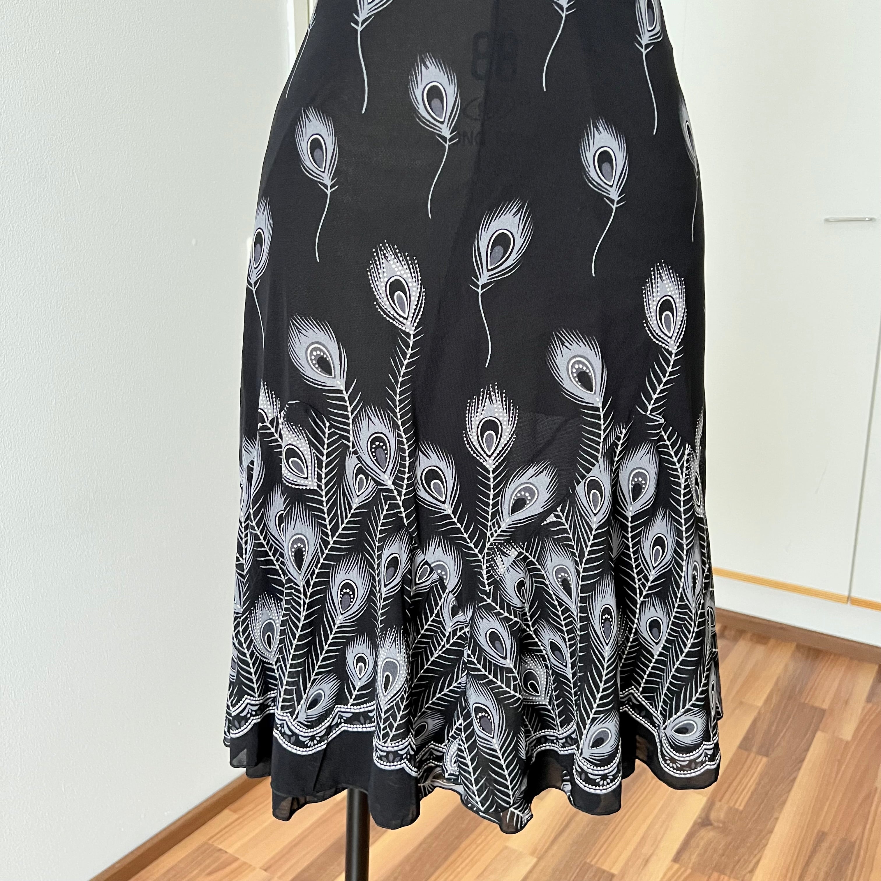 Y2K Black Print Fairycore Slip Dress-Spaghetti Straps Ruffle Hem Whimsygoth Grunge Dress