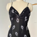Y2K Black Print Fairycore Slip Dress-Spaghetti Straps Ruffle Hem Whimsygoth Grunge Dress