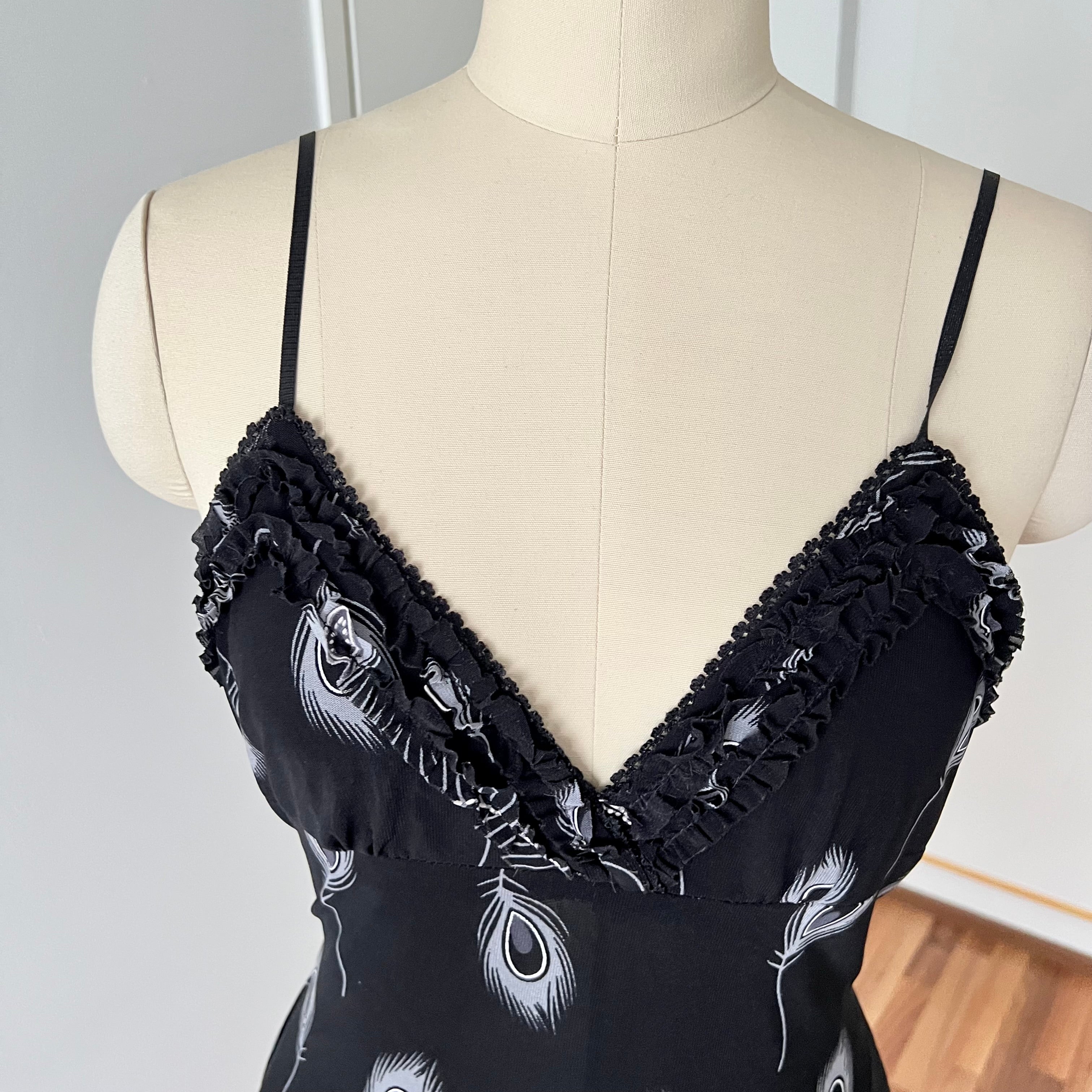 Y2K Black Print Fairycore Slip Dress-Spaghetti Straps Ruffle Hem Whimsygoth Grunge Dress