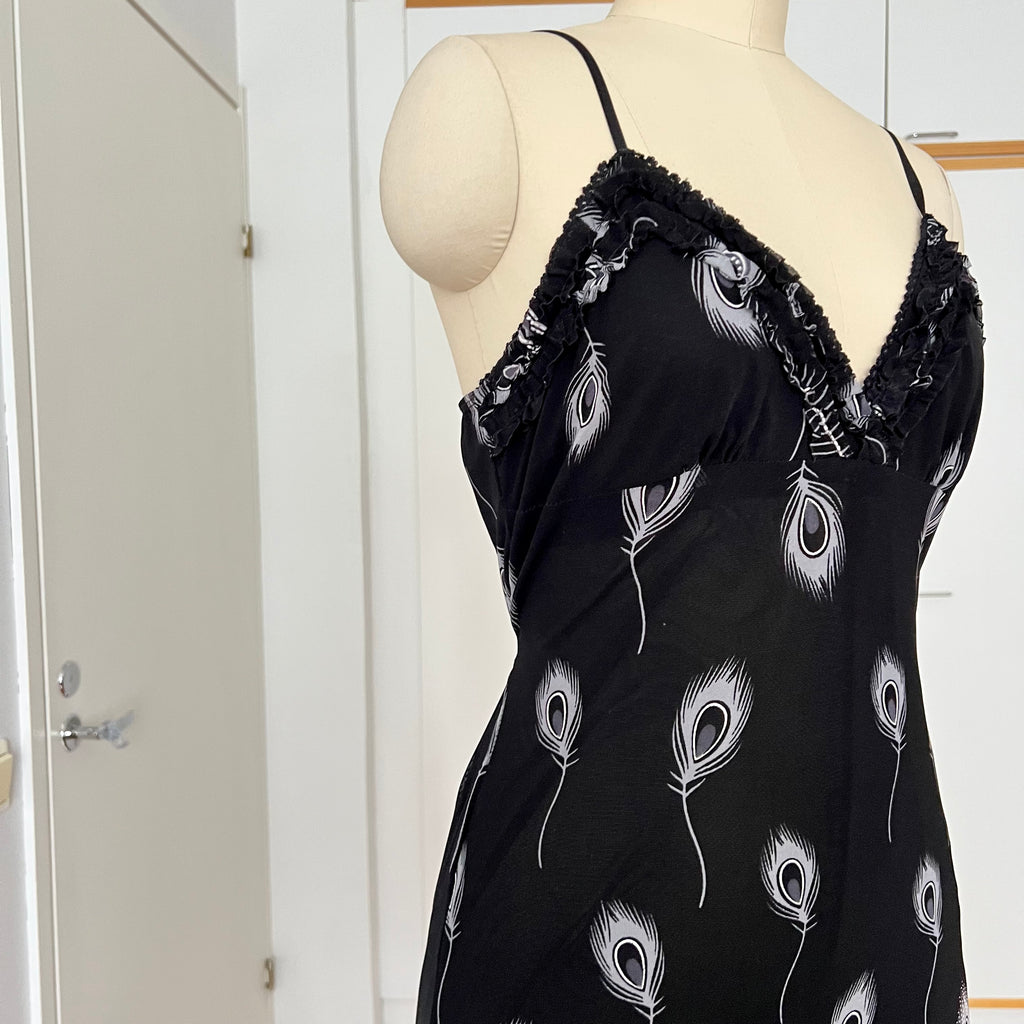 Y2K Black Print Fairycore Slip Dress-Spaghetti Straps Ruffle Hem Whimsygoth Grunge Dress