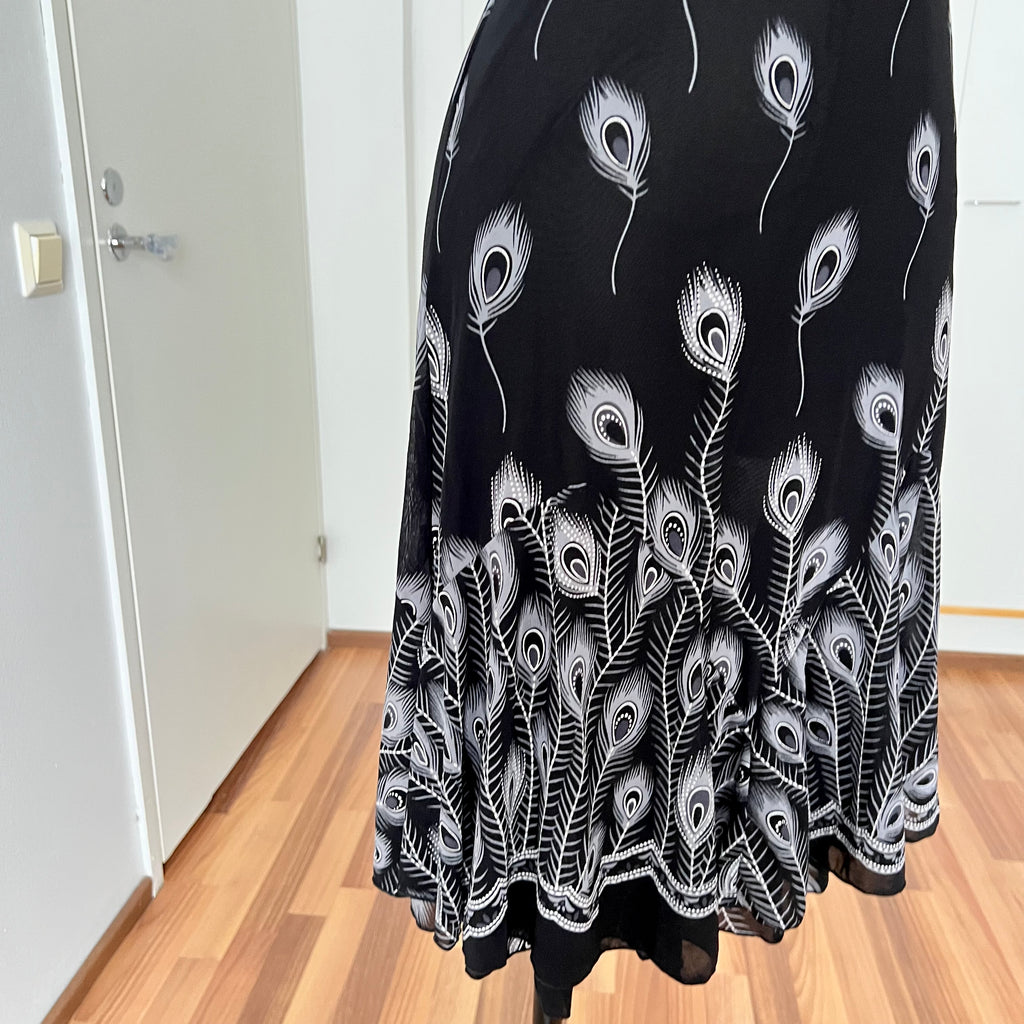 Y2K Black Print Fairycore Slip Dress-Spaghetti Straps Ruffle Hem Whimsygoth Grunge Dress