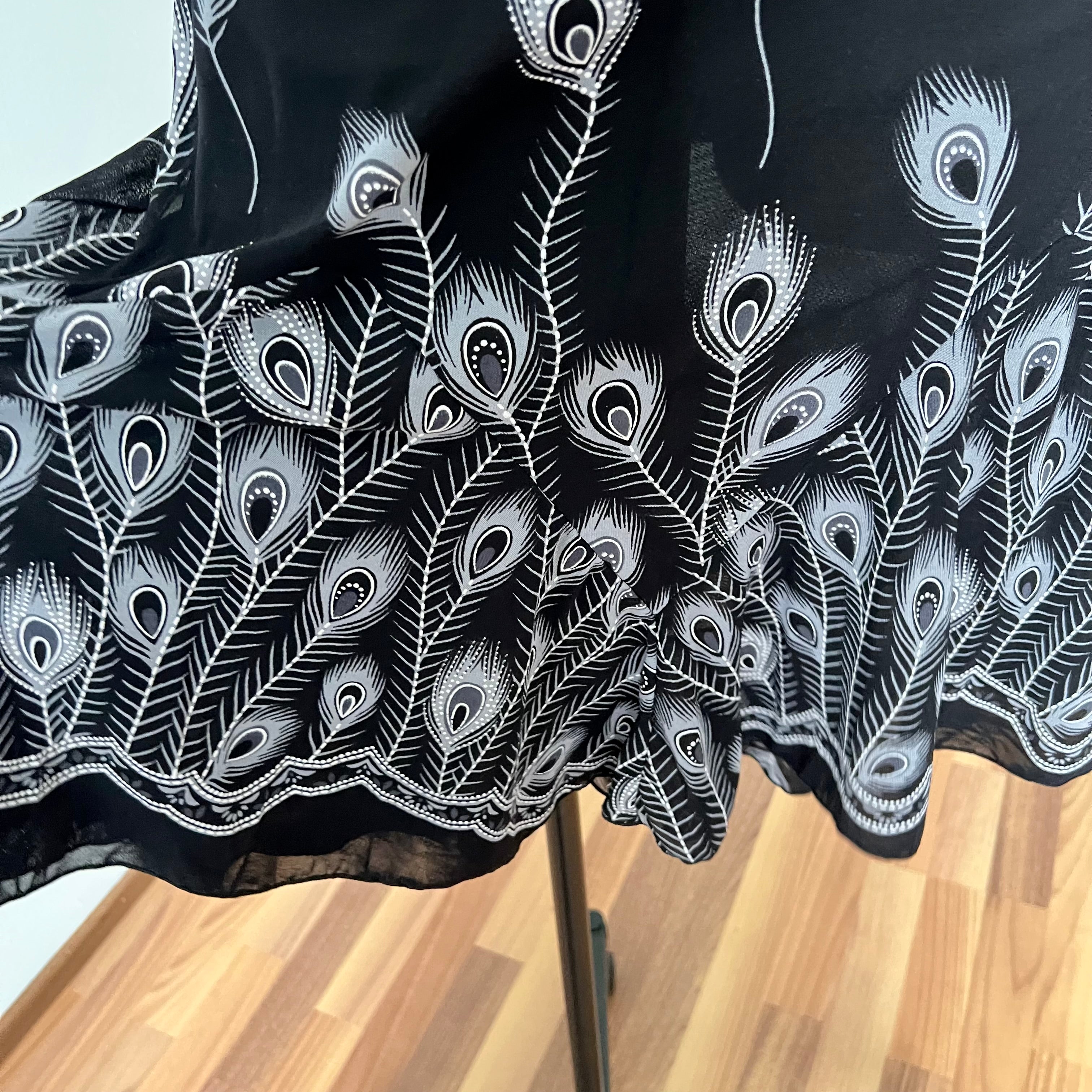 Y2K Black Print Fairycore Slip Dress-Spaghetti Straps Ruffle Hem Whimsygoth Grunge Dress