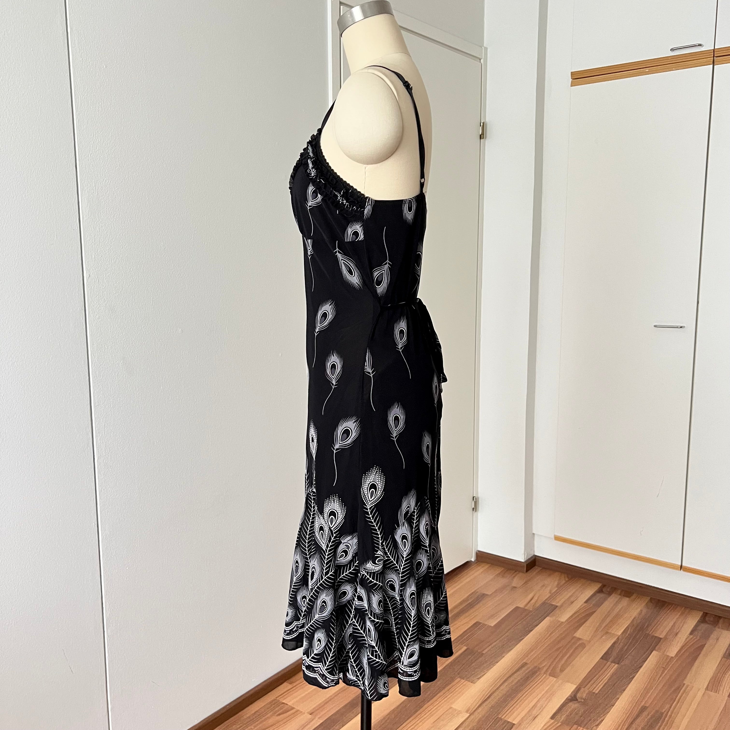 Y2K Black Print Fairycore Slip Dress-Spaghetti Straps Ruffle Hem Whimsygoth Grunge Dress