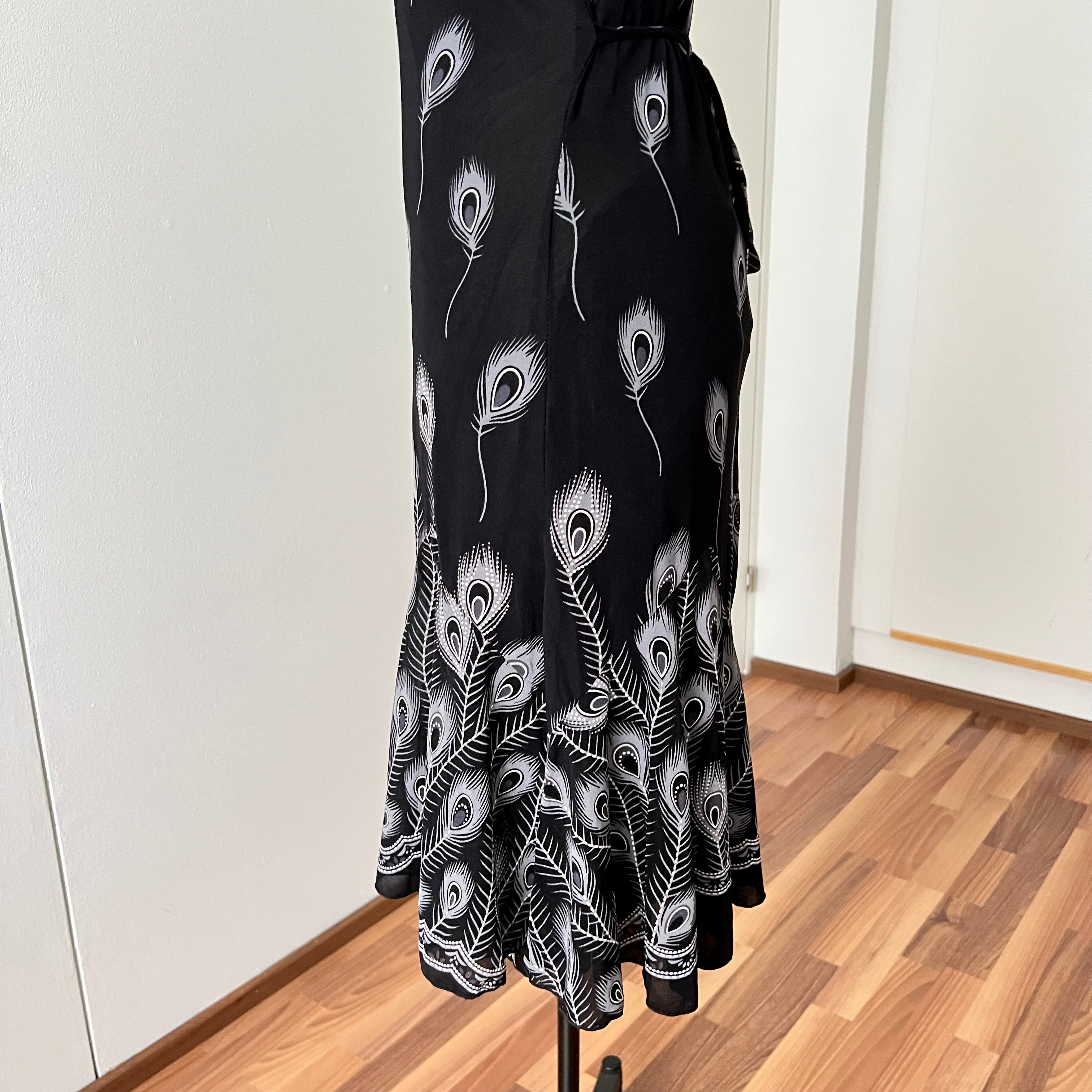 Y2K Black Print Fairycore Slip Dress-Spaghetti Straps Ruffle Hem Whimsygoth Grunge Dress