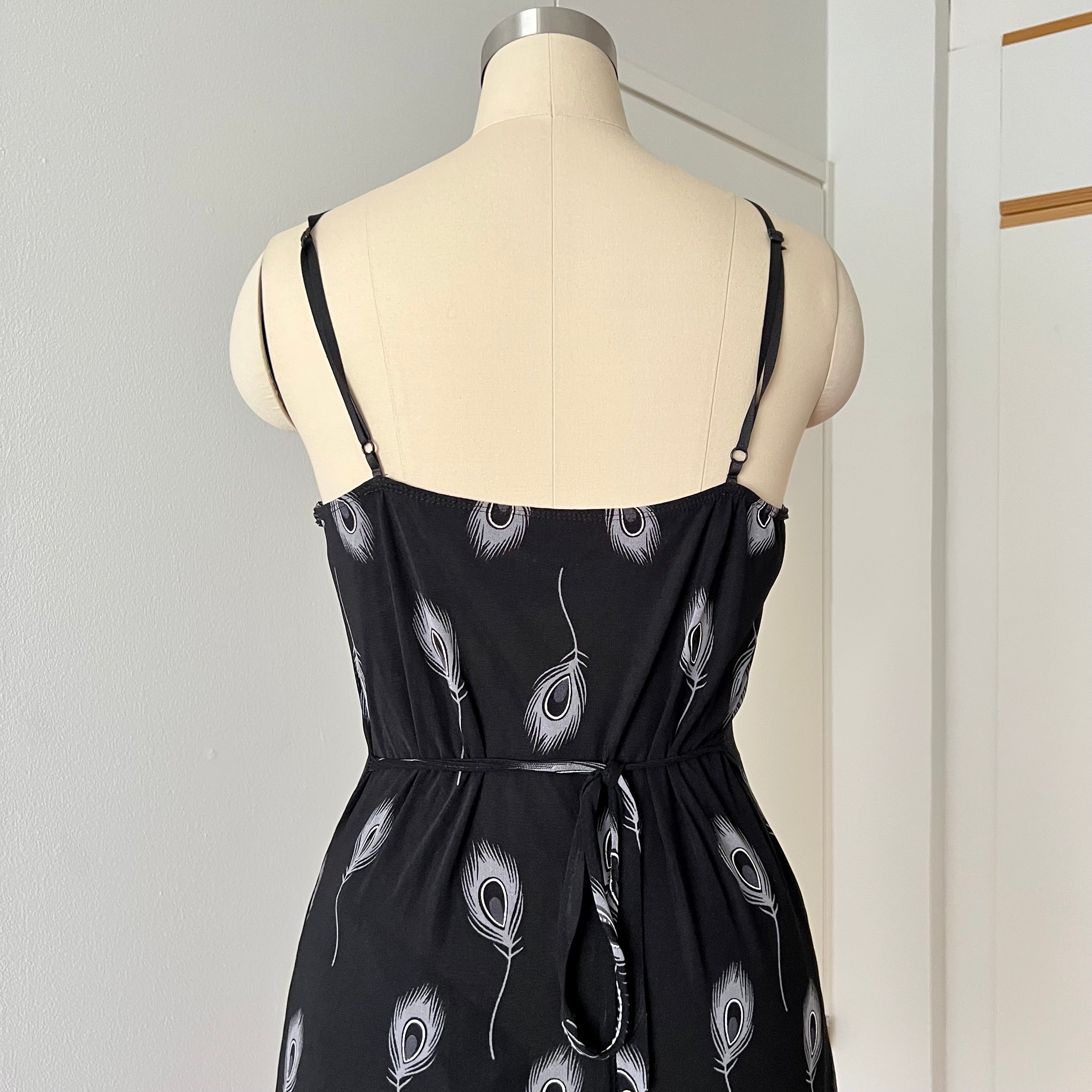 Y2K Black Print Fairycore Slip Dress-Spaghetti Straps Ruffle Hem Whimsygoth Grunge Dress