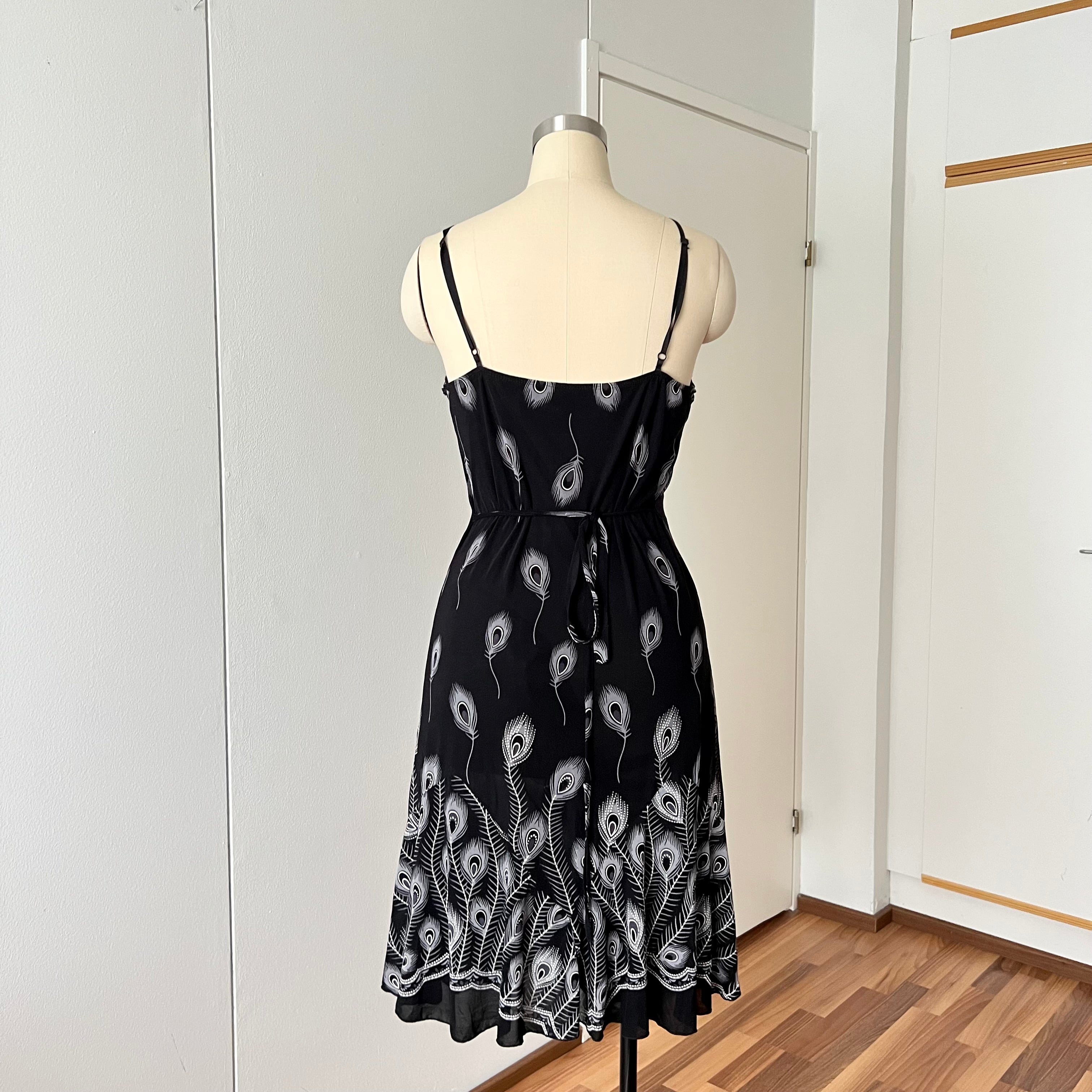 Y2K Black Print Fairycore Slip Dress-Spaghetti Straps Ruffle Hem Whimsygoth Grunge Dress