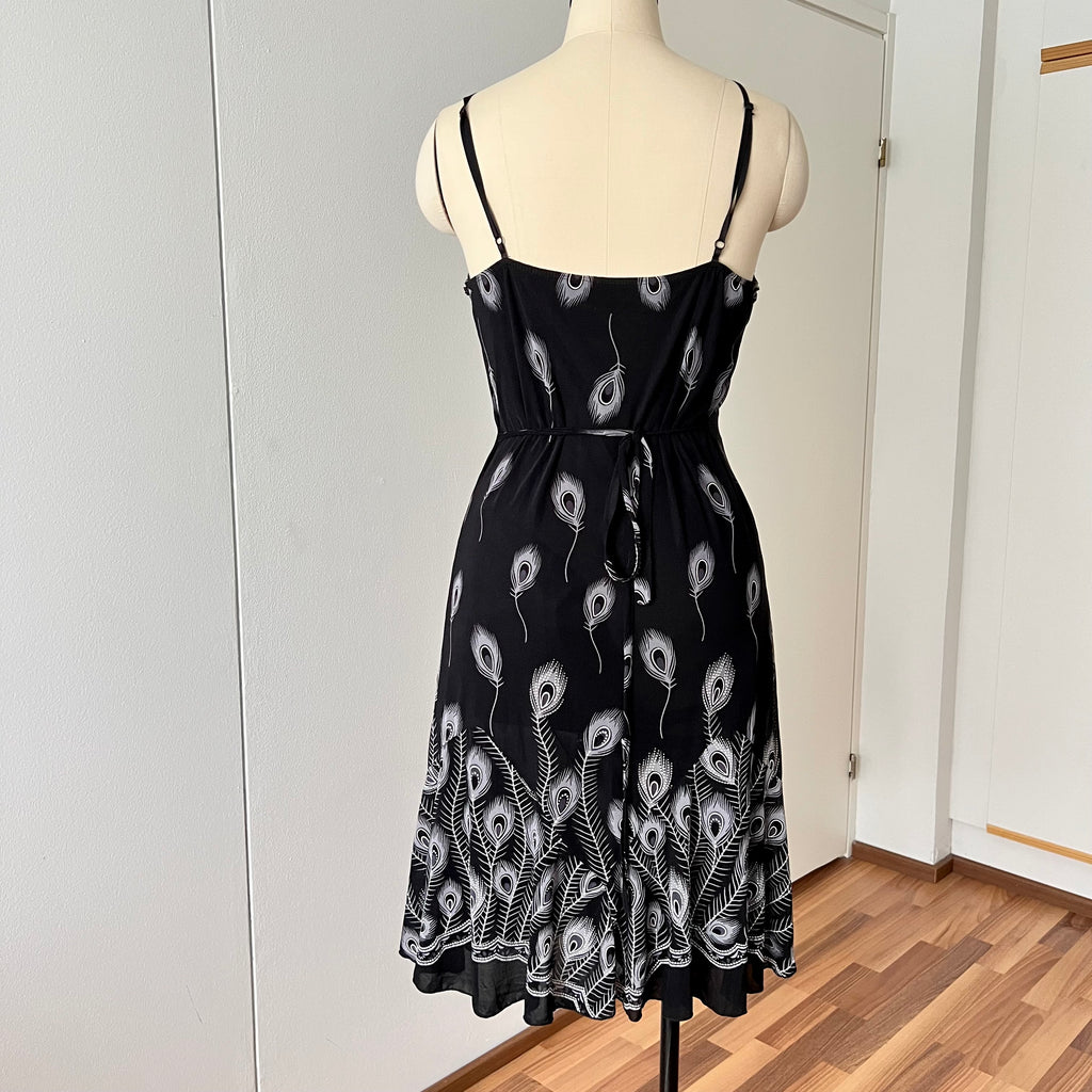 Y2K Black Print Fairycore Slip Dress-Spaghetti Straps Ruffle Hem Whimsygoth Grunge Dress