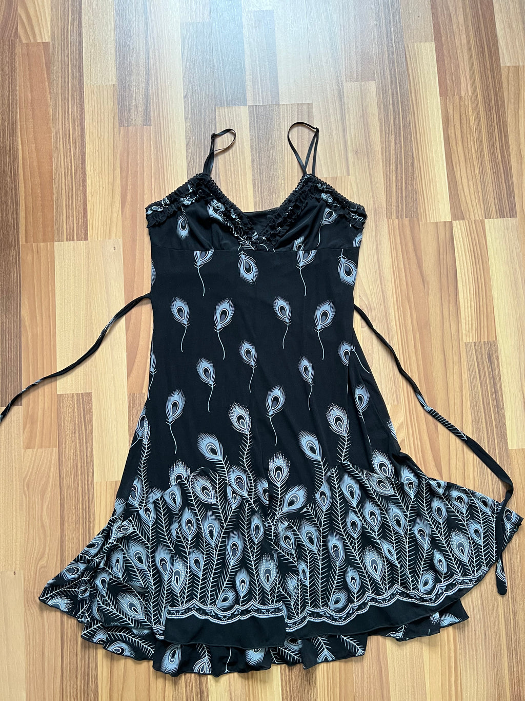 Y2K Black Print Fairycore Slip Dress-Spaghetti Straps Ruffle Hem Whimsygoth Grunge Dress
