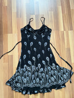 Y2K Black Print Fairycore Slip Dress-Spaghetti Straps Ruffle Hem Whimsygoth Grunge Dress