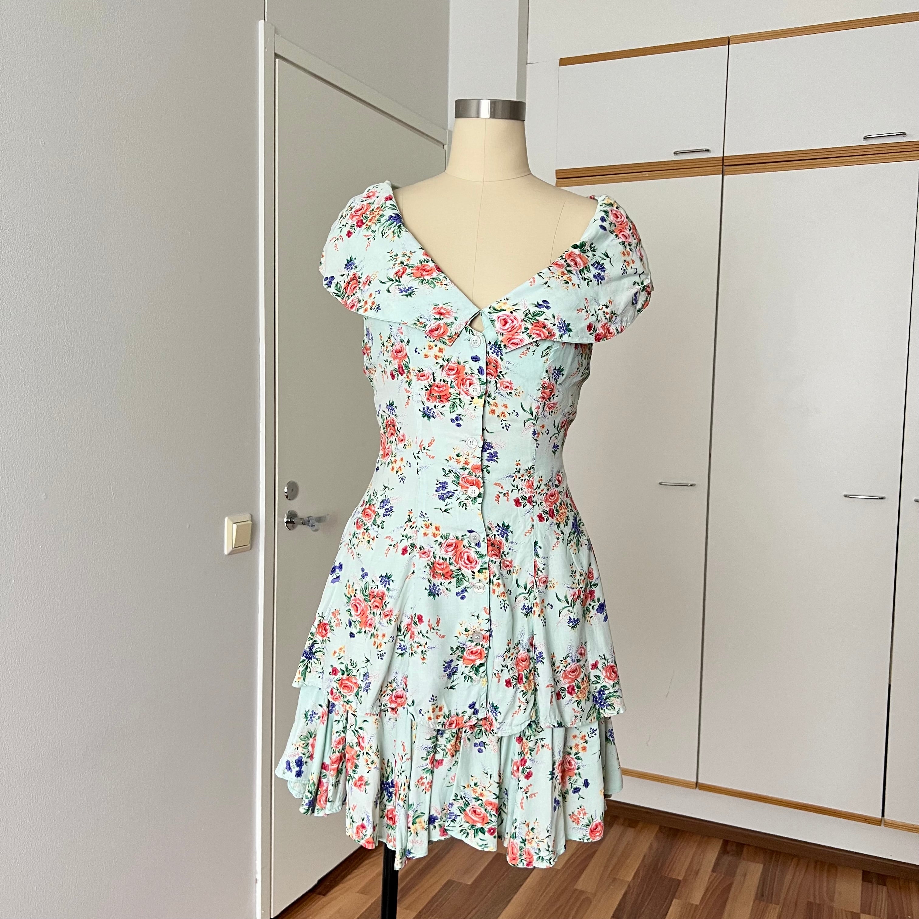 1990s Viscose Tiered Floral Dress-Portrait Collar Button Front Cottagecore Mini Sun Dress