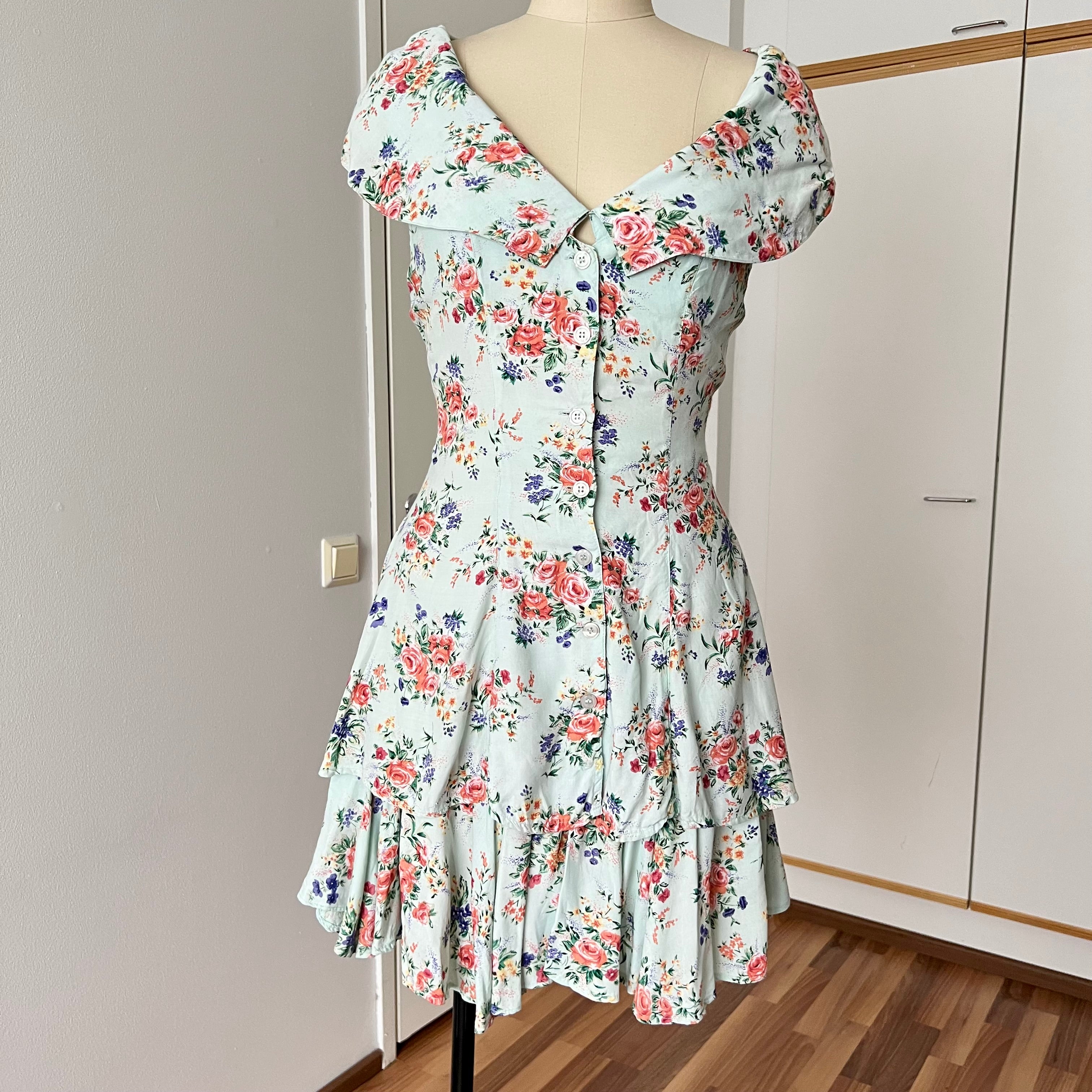 1990s Viscose Tiered Floral Dress-Portrait Collar Button Front Cottagecore Mini Sun Dress
