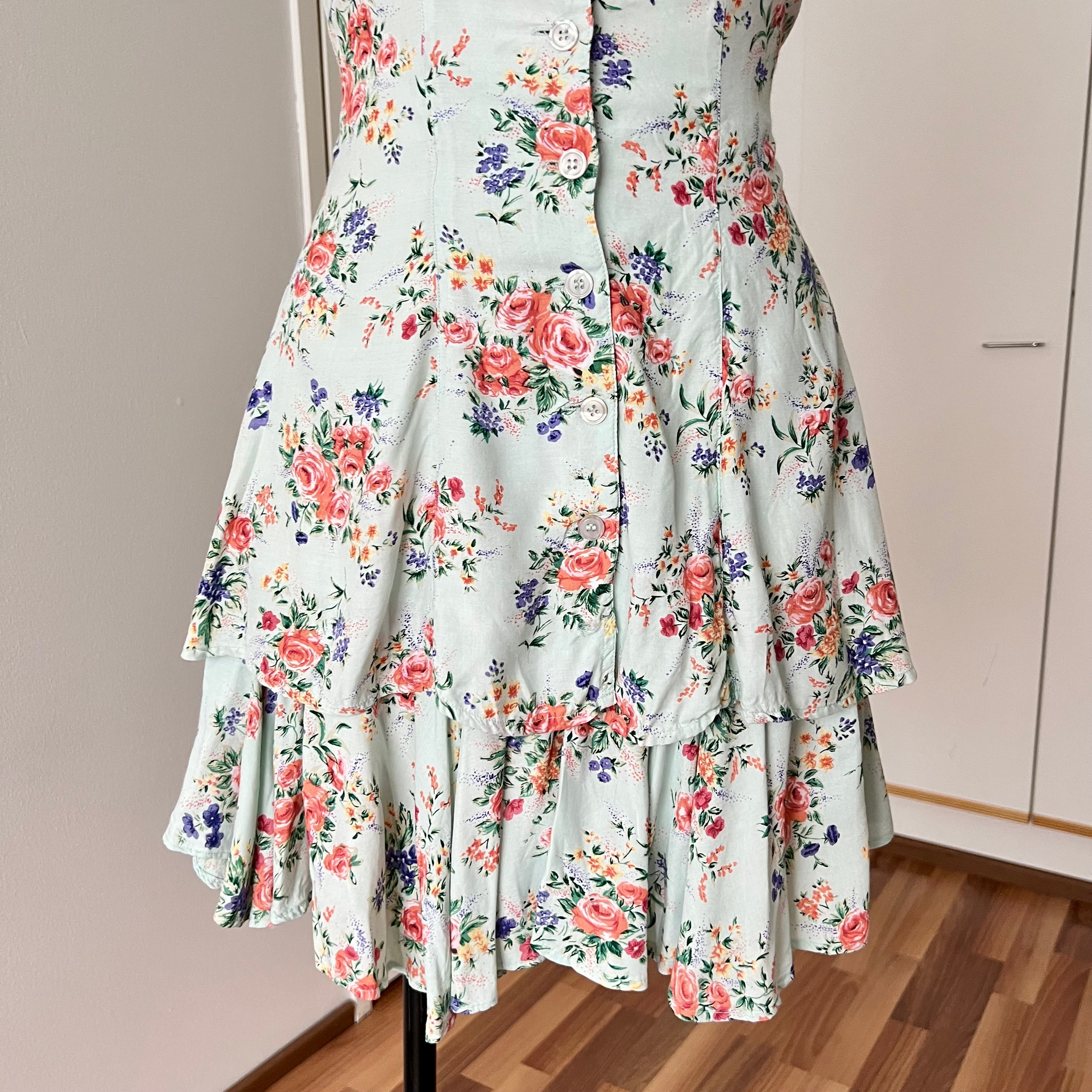1990s Viscose Tiered Floral Dress-Portrait Collar Button Front Cottagecore Mini Sun Dress