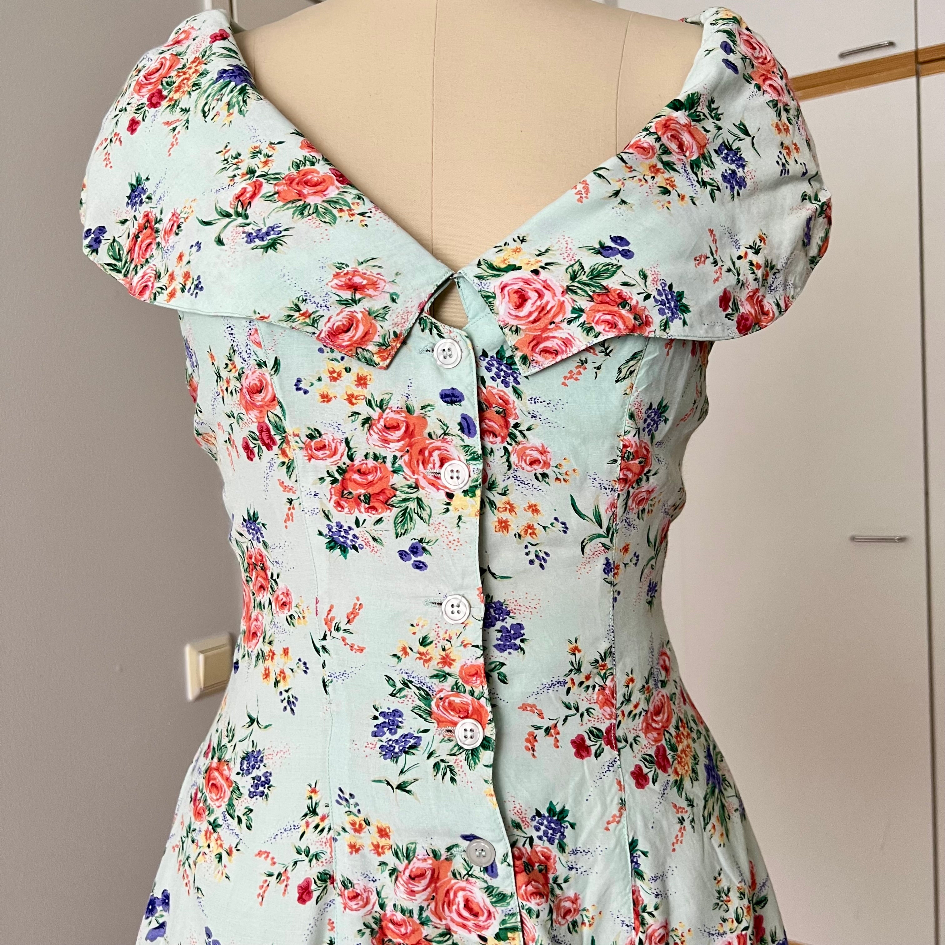 1990s Viscose Tiered Floral Dress-Portrait Collar Button Front Cottagecore Mini Sun Dress