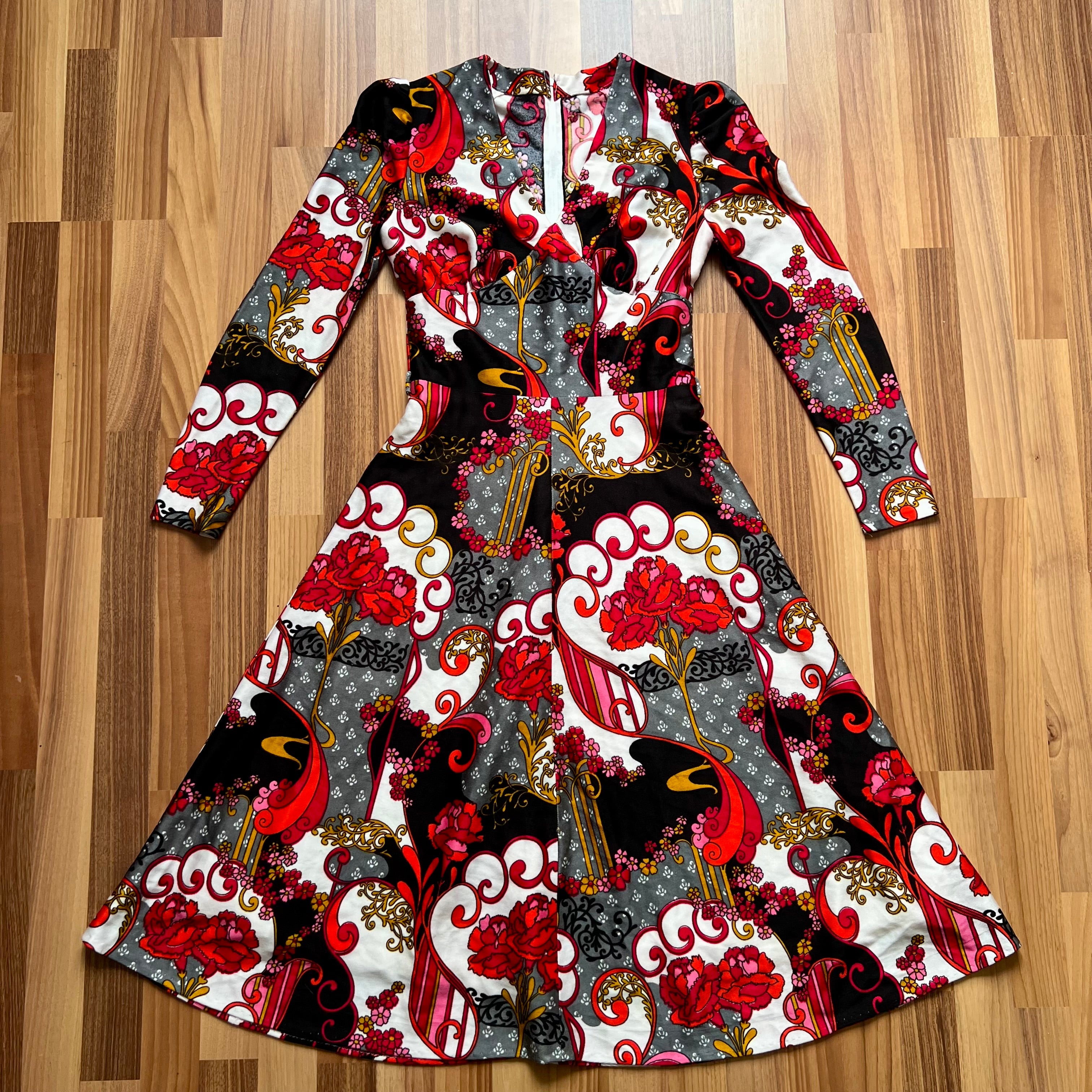 1970s Psychedelic Floral Midi Dress-Baroque Paisley Long Sleeves Dress-Retro V Neck Disco Mod 