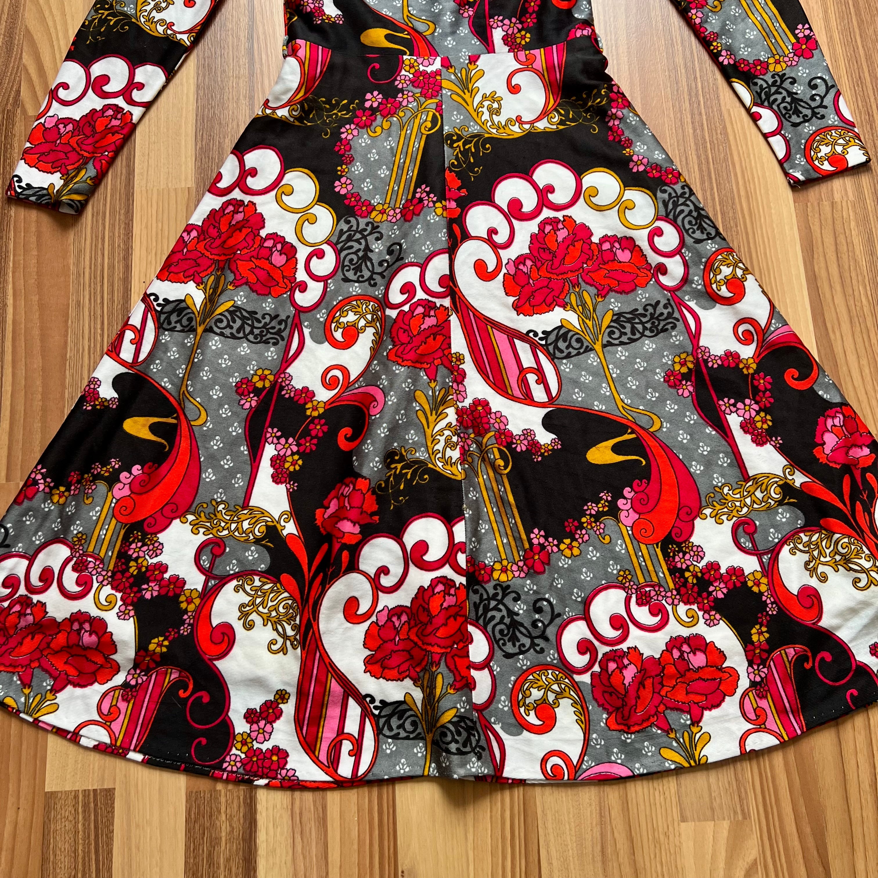 1970s Psychedelic Floral Midi Dress-Baroque Paisley Long Sleeves Disco Mod V Neck Dress