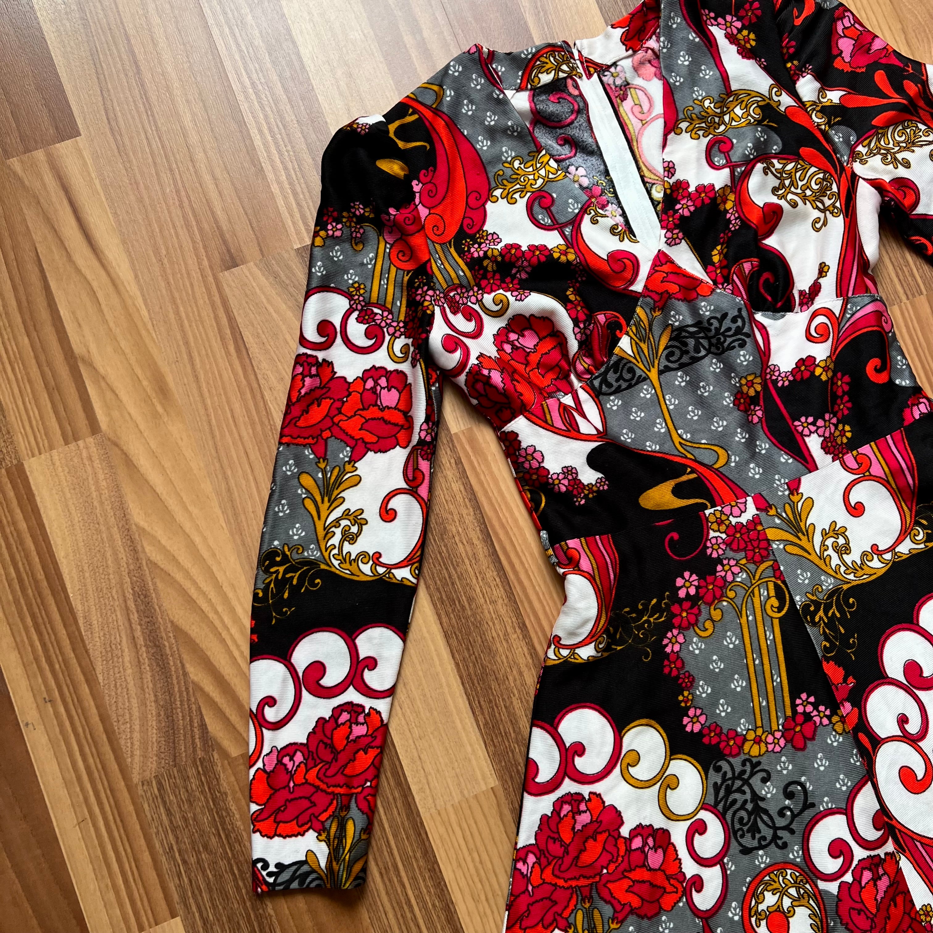 1970s Psychedelic Floral Midi Dress-Baroque Paisley Long Sleeves Disco Mod V Neck Dress