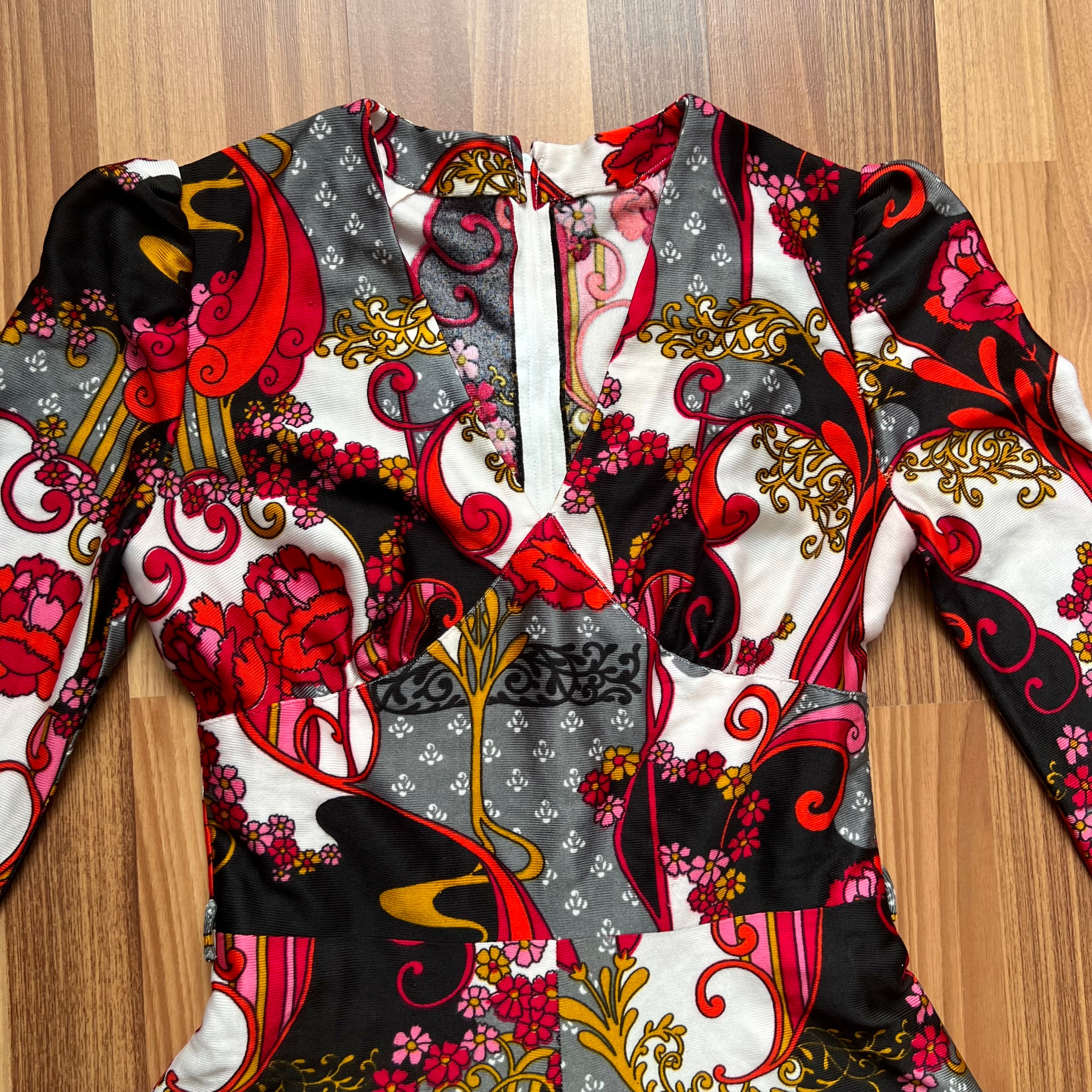 1970s Psychedelic Floral Midi Dress-Baroque Paisley Long Sleeves Disco Mod V Neck Dress