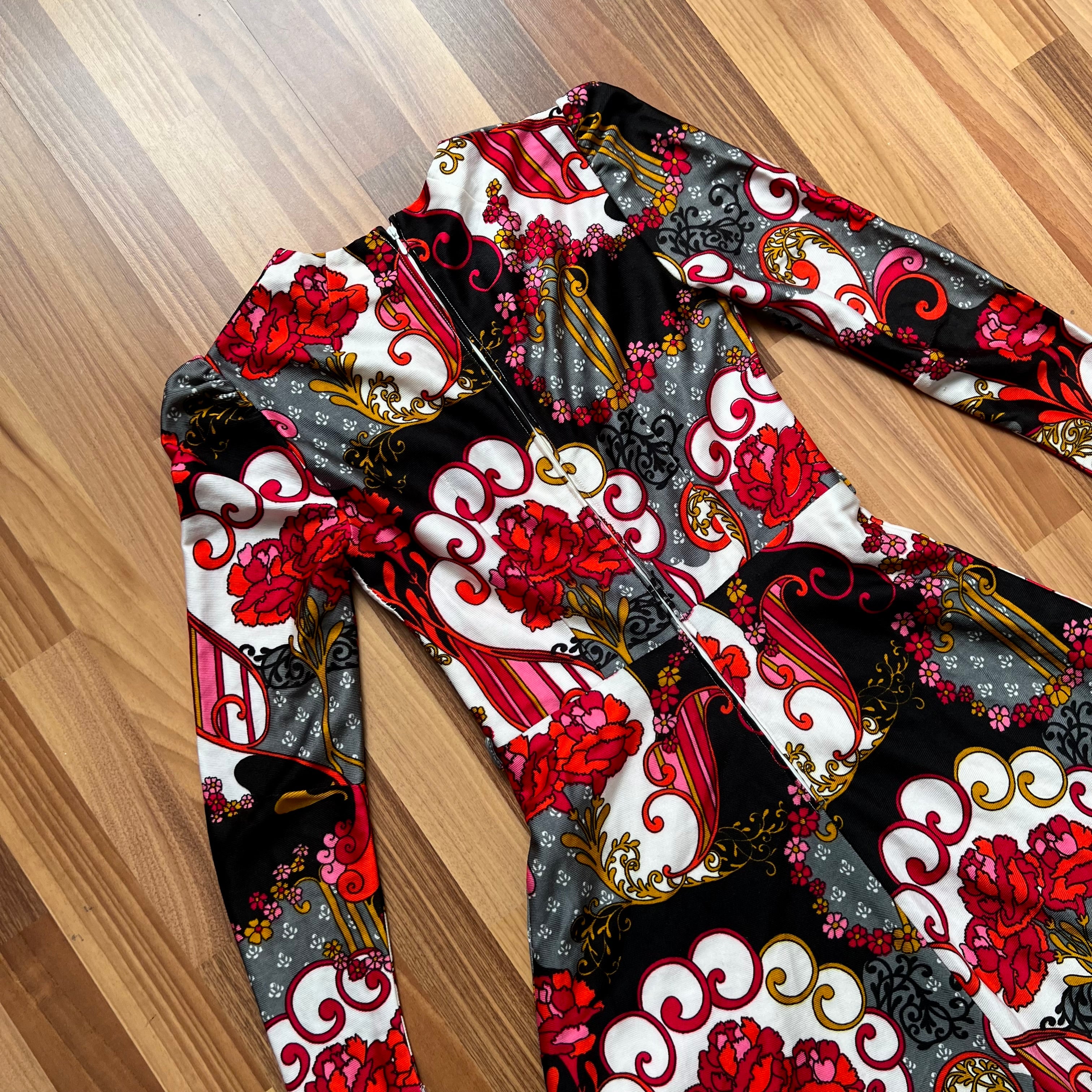 1970s Psychedelic Floral Midi Dress-Baroque Paisley Long Sleeves Disco Mod V Neck Dress