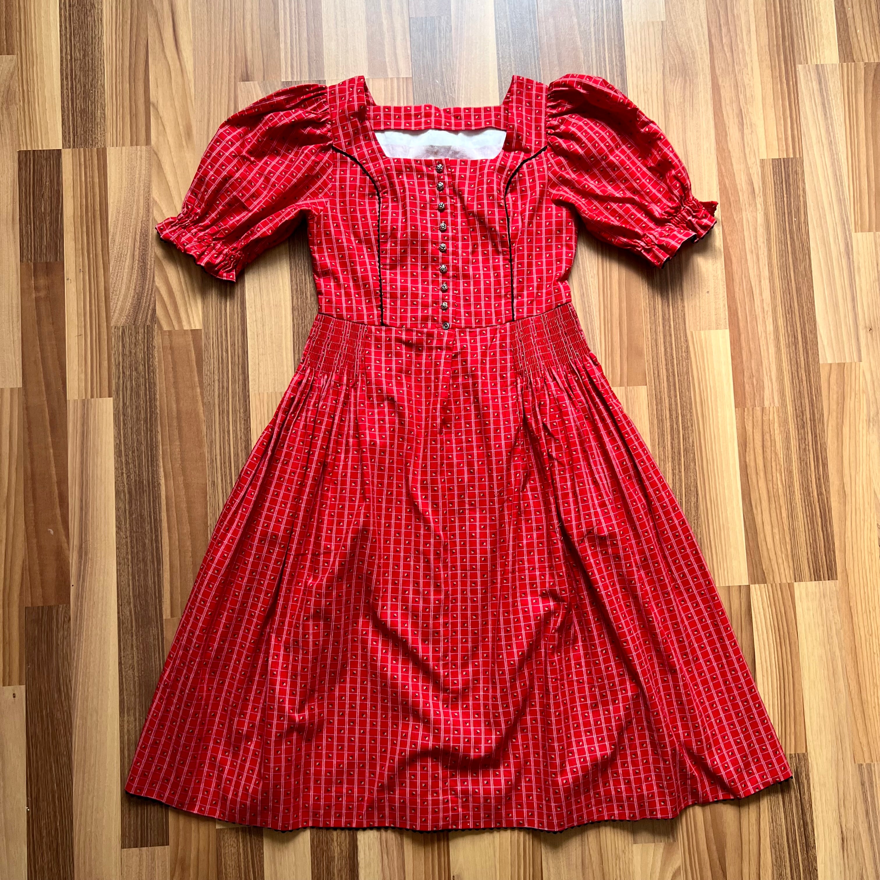70s 80s Austrian Folk Midi Trachten Dress-Bavarian Puff Sleeve Dirndl Dress-Button Front Cottagecore 