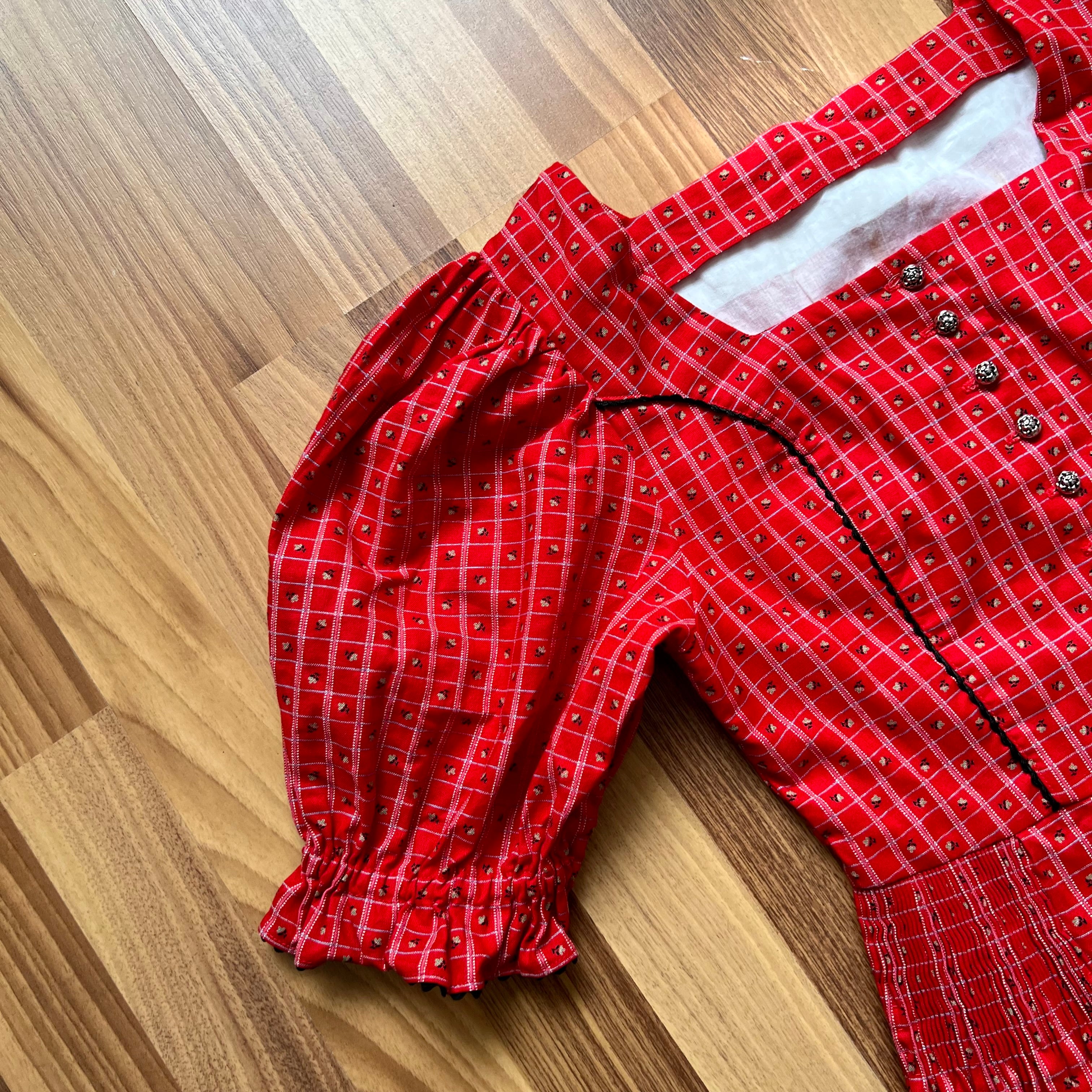 70s 80s Austrian Folk Midi Trachten Dress-Bavarian Puff Sleeve Dirndl Dress-Button Front Cottagecore