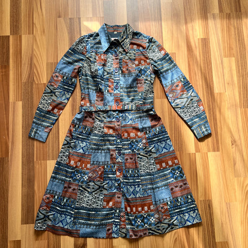 1970s Betty Barclay Vintage Shirt Dress-Geometric Boho Midi Dress-Belted Pointed Collar Long Sleeves 