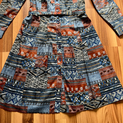 1970s Betty Barclay Vintage Patchwork Shirt Dress-Geometric Boho Belted Midi Dress EU 40