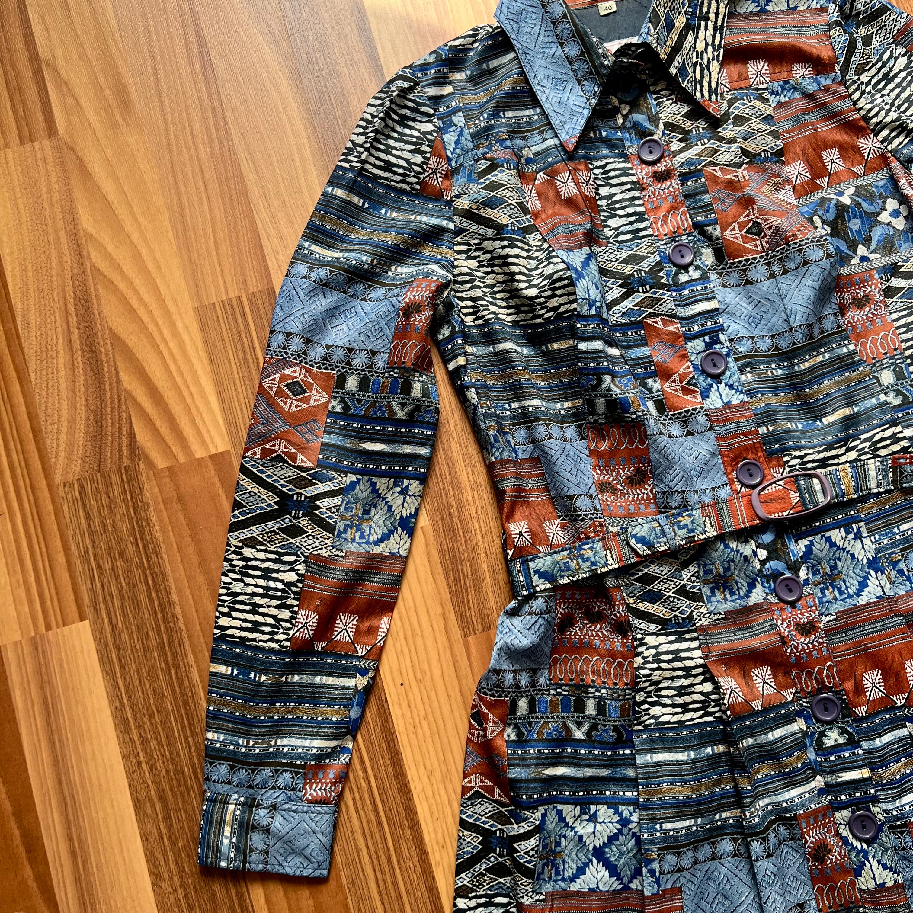 1970s Betty Barclay Vintage Patchwork Shirt Dress-Geometric Boho Belted Midi Dress EU 40