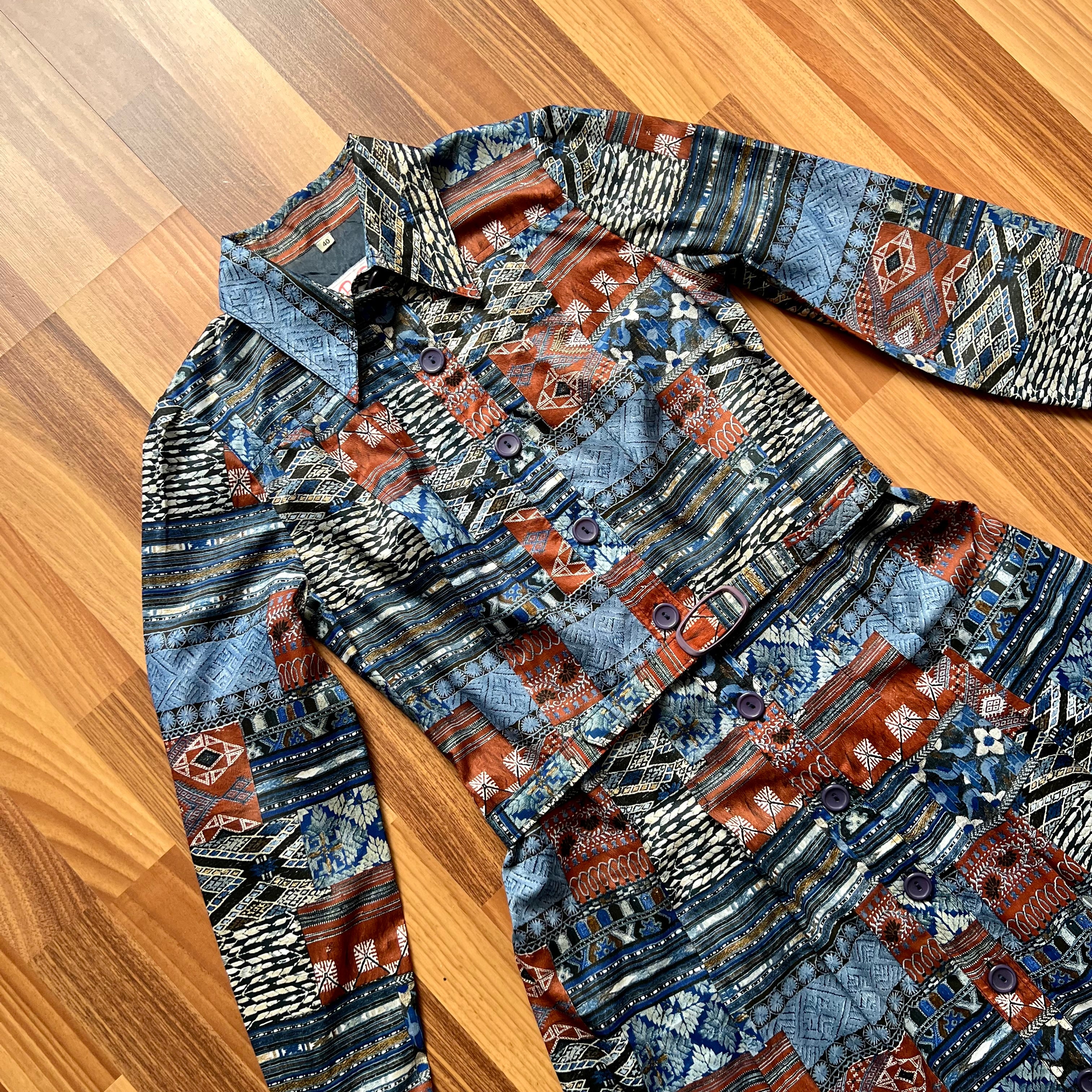 1970s Betty Barclay Vintage Patchwork Shirt Dress-Geometric Boho Belted Midi Dress EU 40