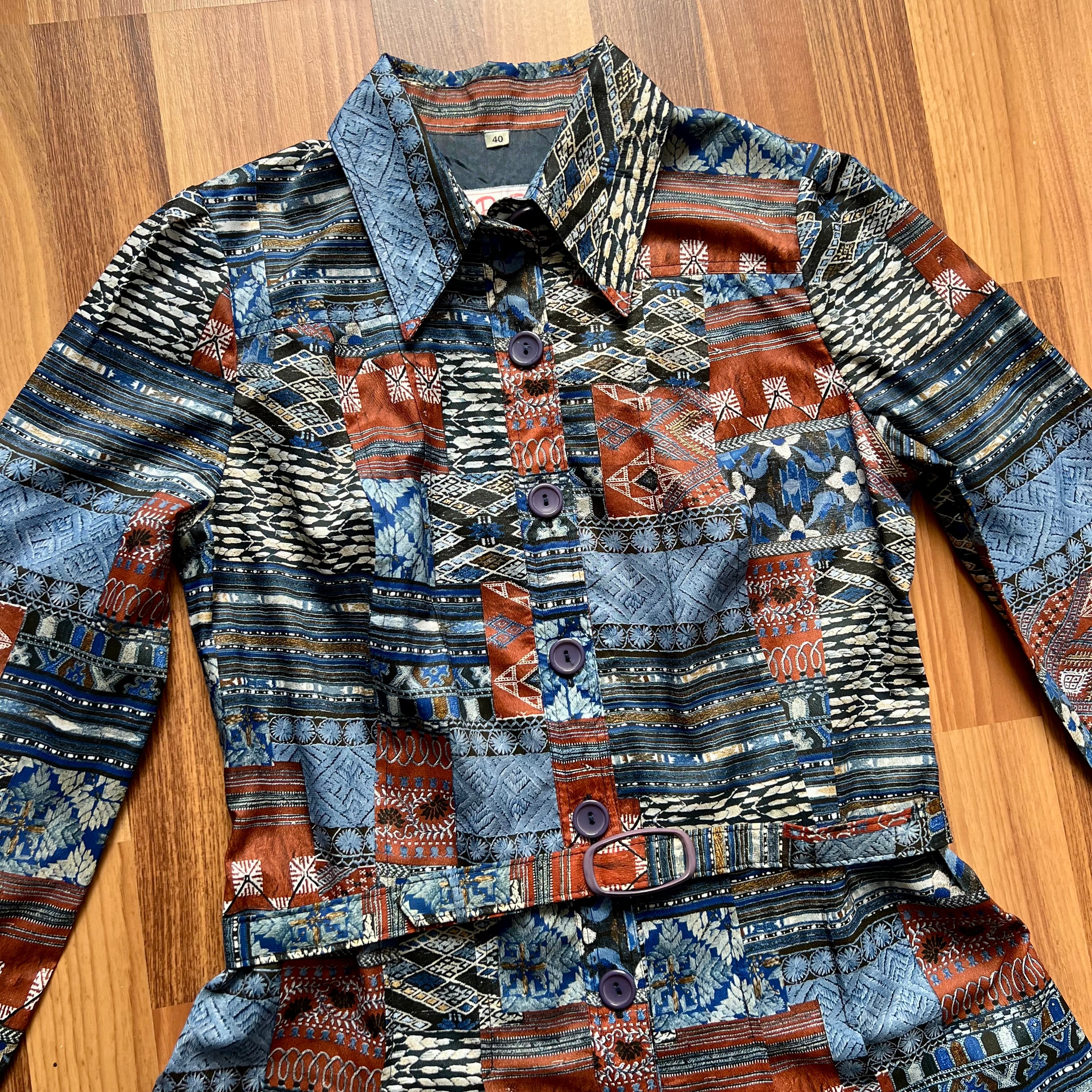 1970s Betty Barclay Vintage Patchwork Shirt Dress-Geometric Boho Belted Midi Dress EU 40