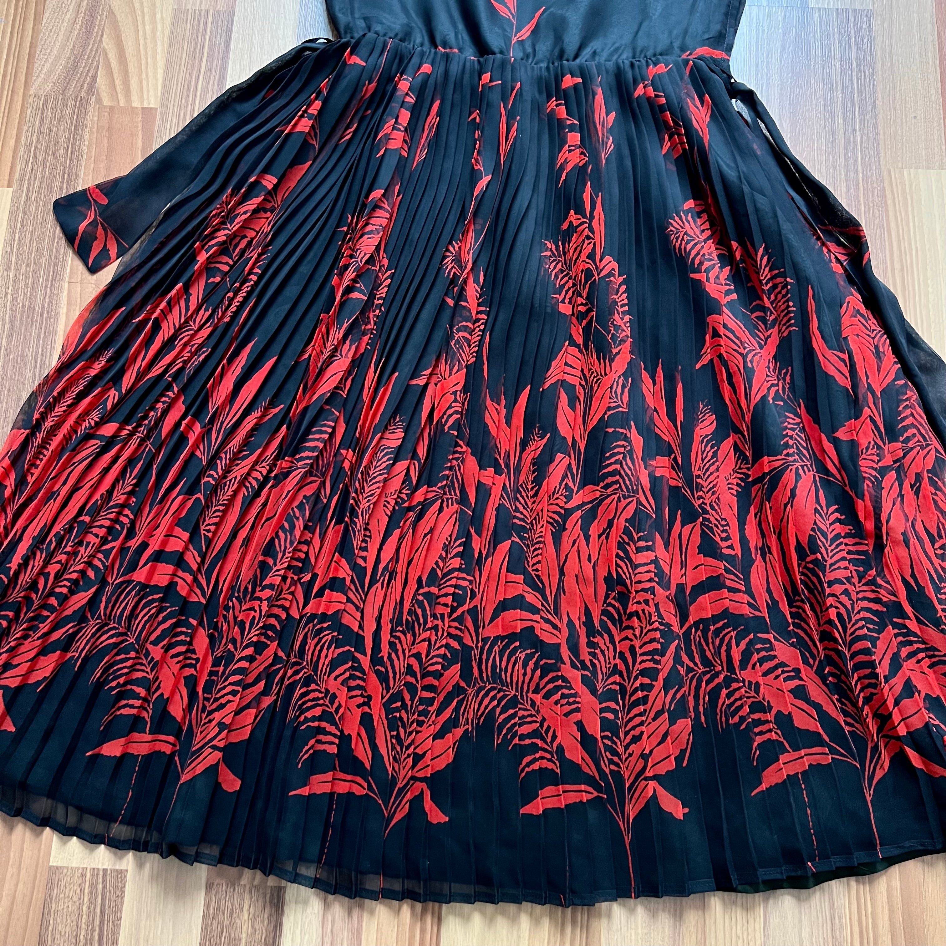 70s 80s Black Floral Mid Dress-Accordion Pleated Spaghetti Straps Dress-French Vintage