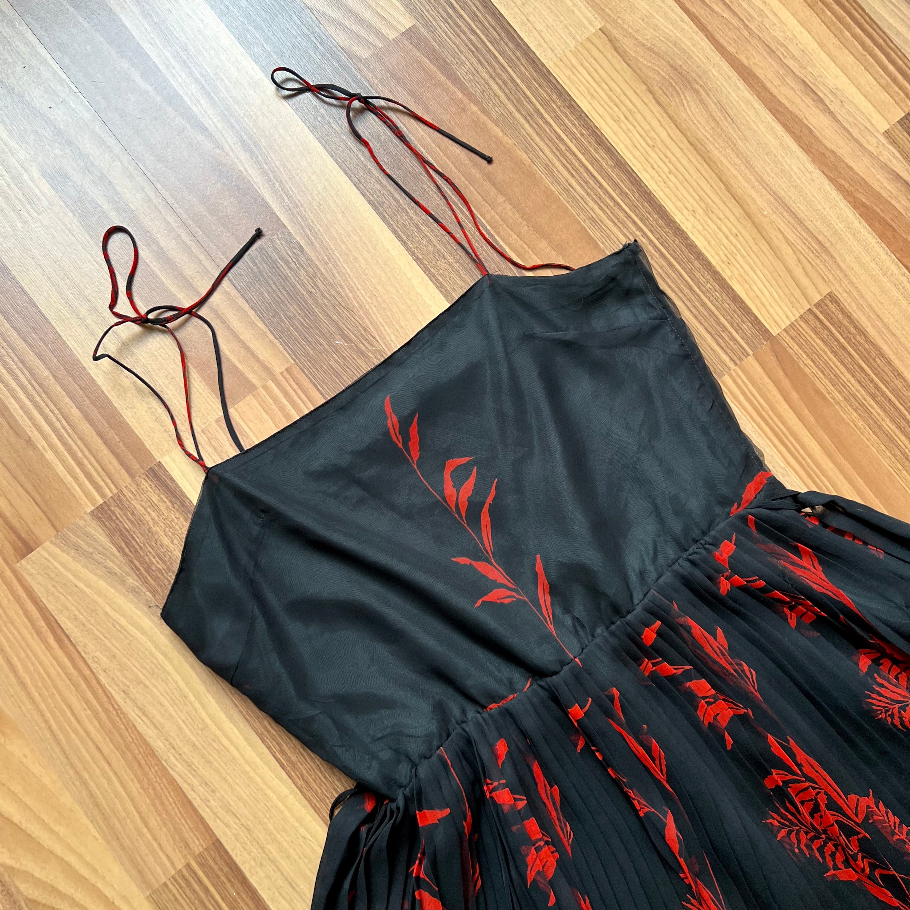 70s 80s Black Floral Mid Dress-Accordion Pleated Spaghetti Straps Dress-French Vintage