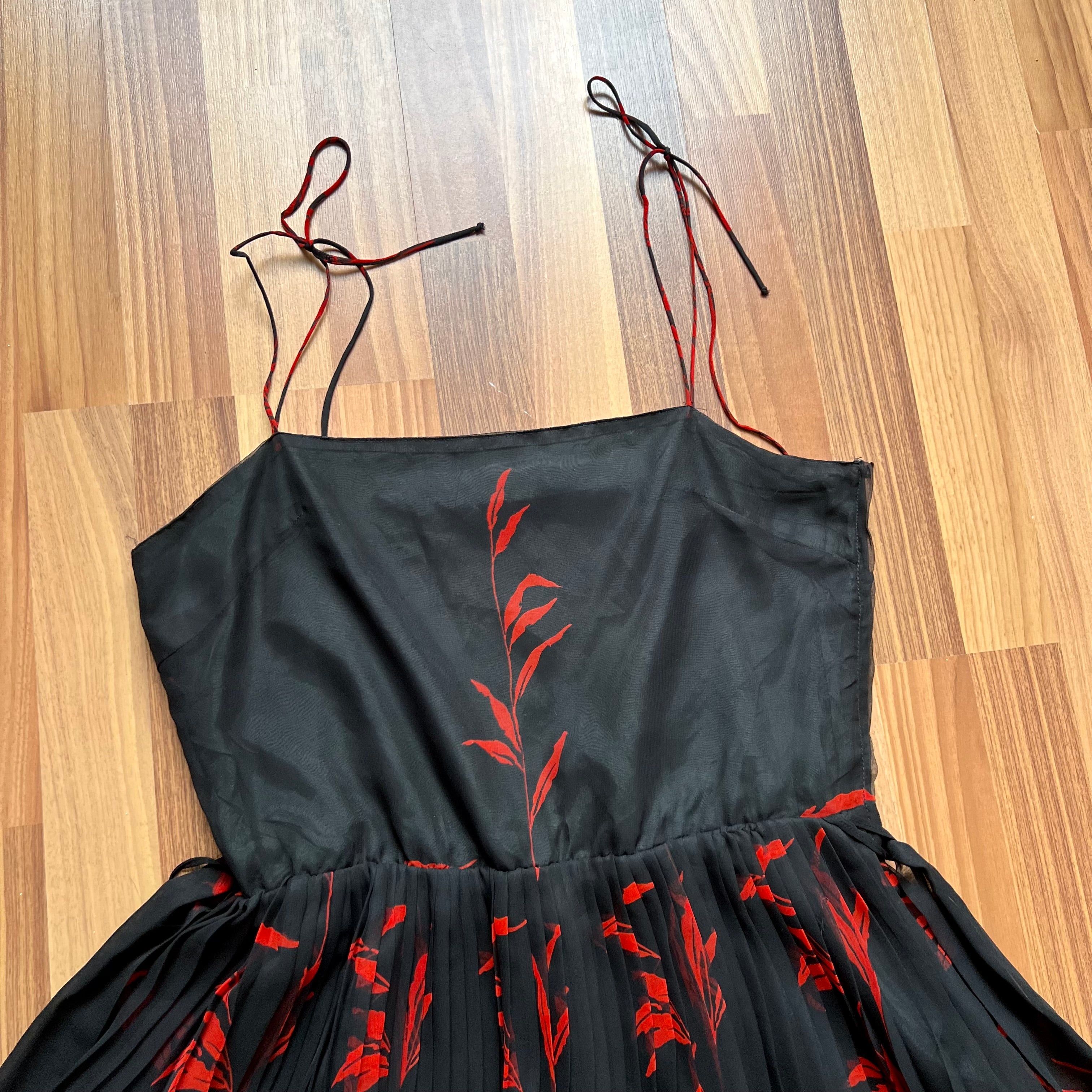 70s 80s Black Floral Mid Dress-Accordion Pleated Spaghetti Straps Dress-French Vintage