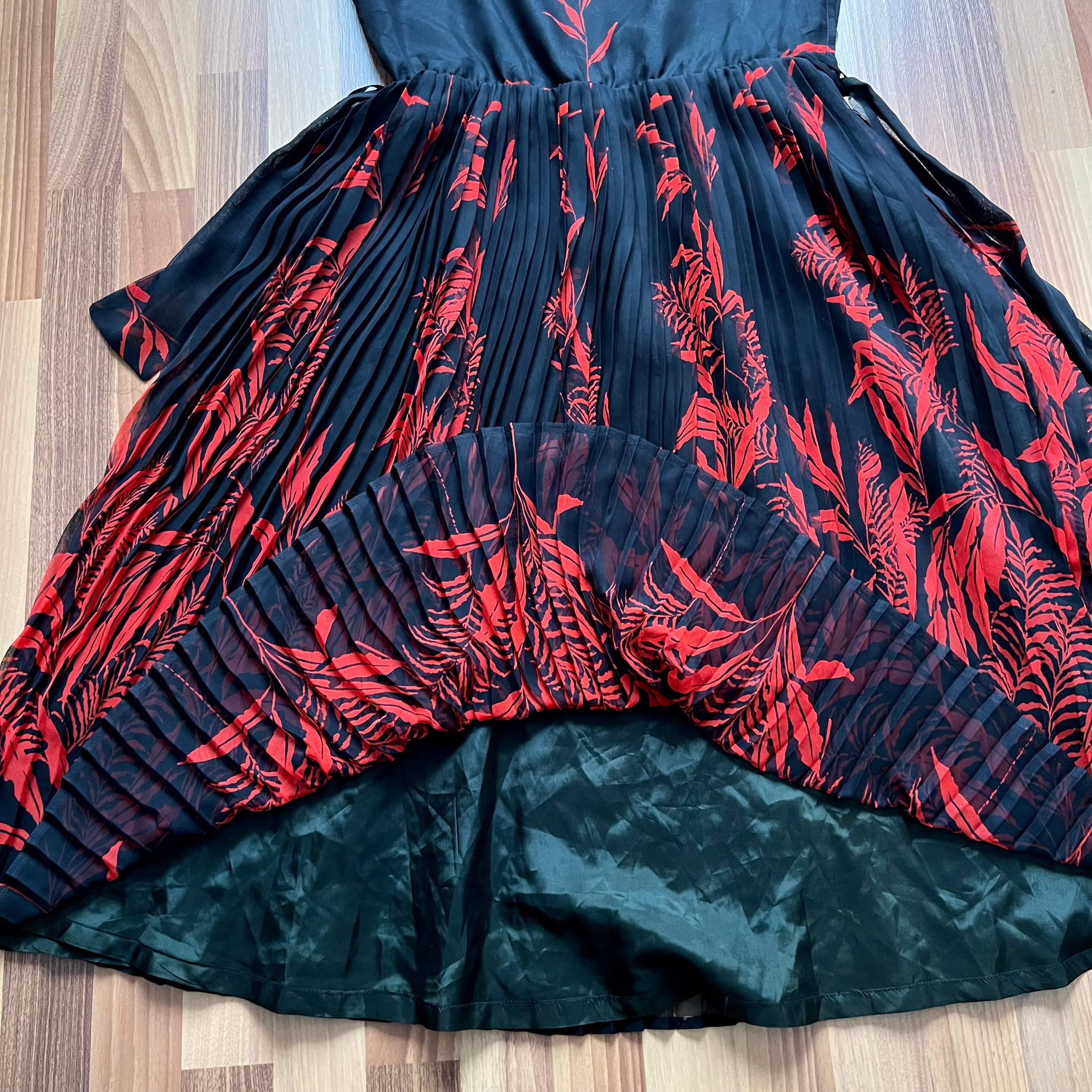 70s 80s Black Floral Mid Dress-Accordion Pleated Spaghetti Straps Dress-French Vintage