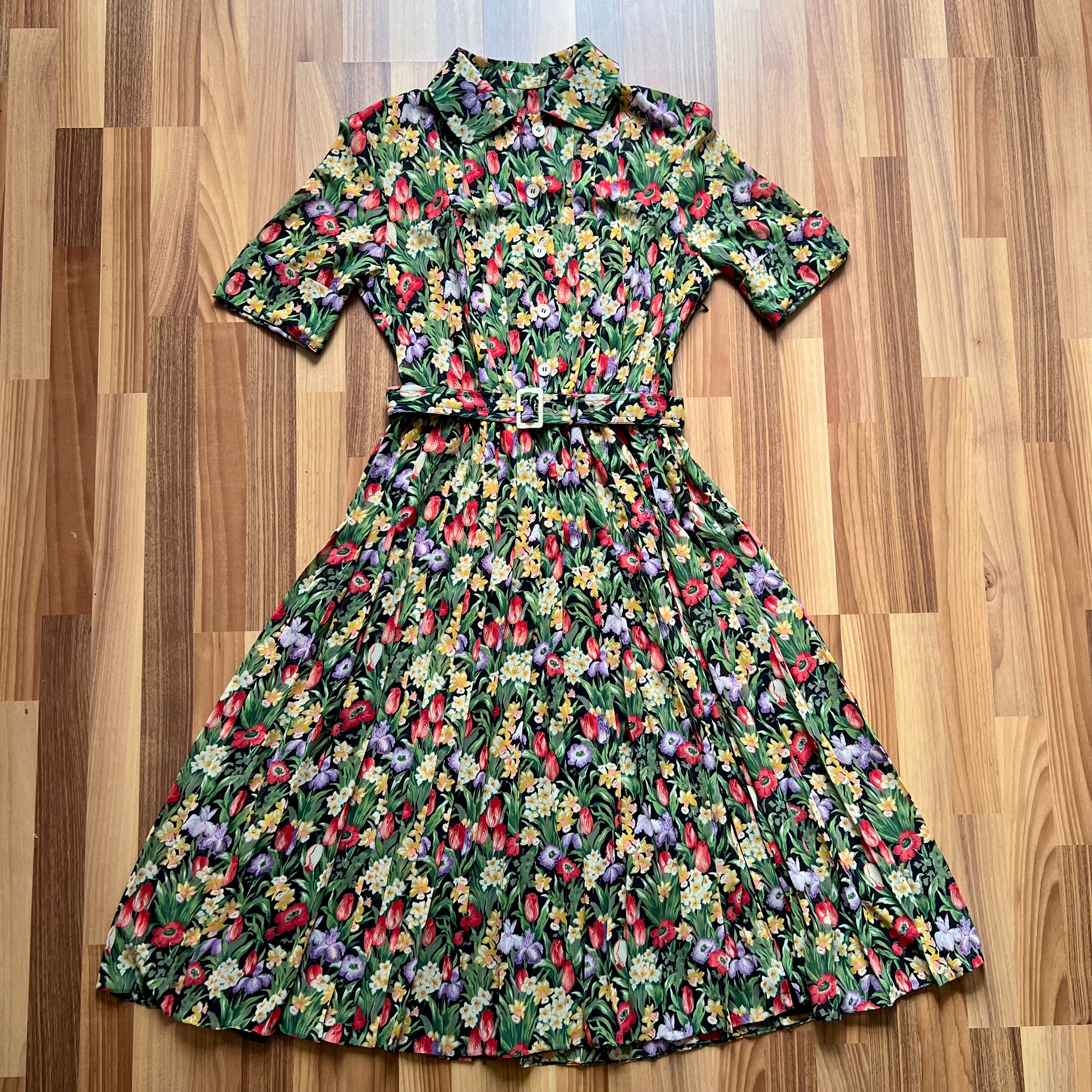 1980s JOBIS Floral Pleated Midi Dress-Vintage Belted Button Front Dress-Short Sleeves Cottagecore 