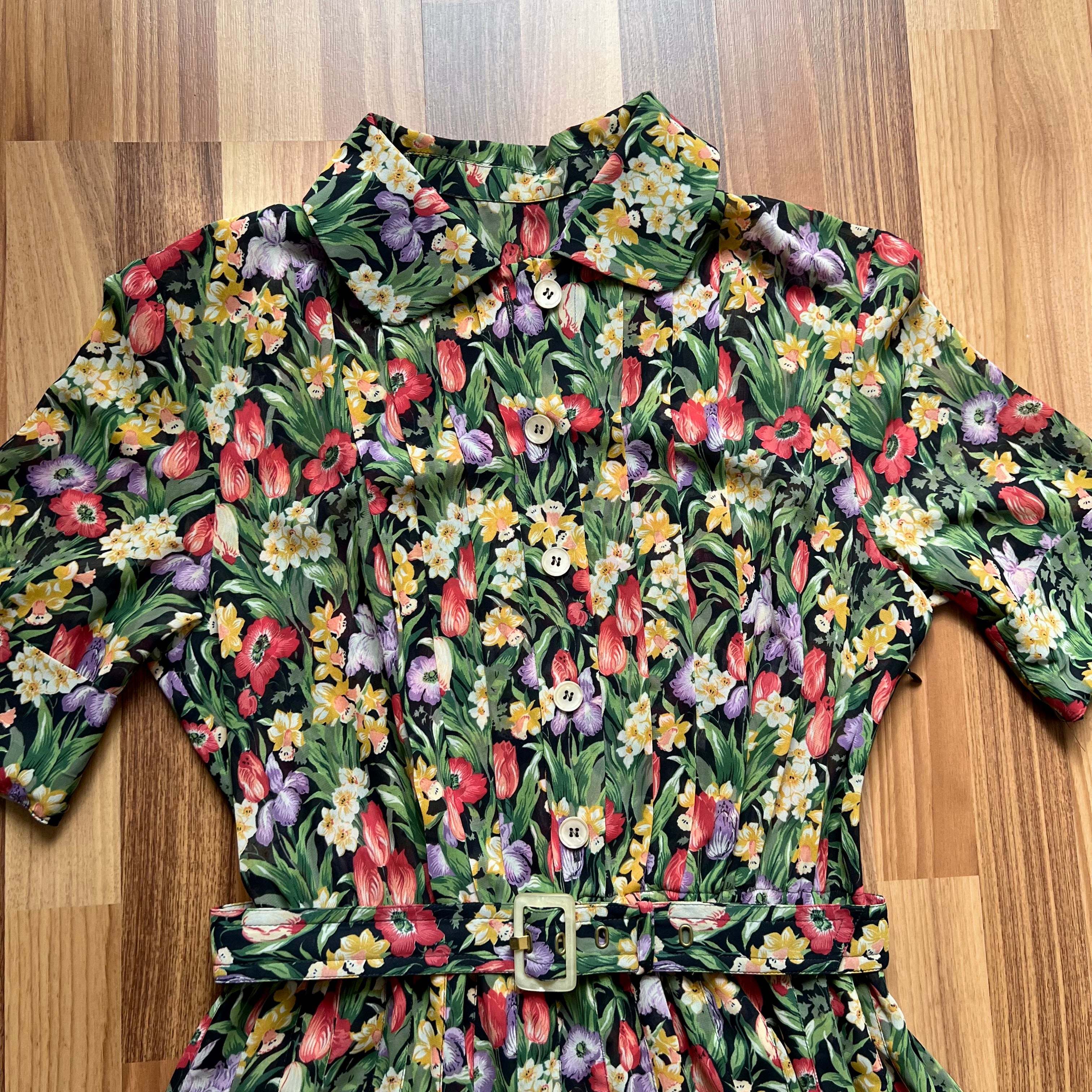 1980s JOBIS Floral Pleated Midi Dress-Cottagecore Belted Button Front Short Sleeves Dress EU 42